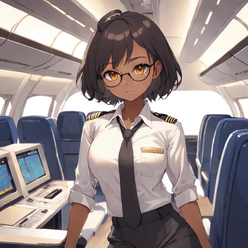 1girl, short black bob hair, yellow eyes, Round glasses, tan skin,DARK SKIN, BROWN SKIN, SHE HAS LIGHT BROWN SKIN, ite body, wearing plain white formal work shirt, wearing long black pants, business tie, absurdres, high res, ultrasharp, 8k, masterpiece, looking at viewer, cat ears, airline pilot uniform, airline pilot hat, white background, short sleeve, bangs, flat chest, whiskers, androgynous,