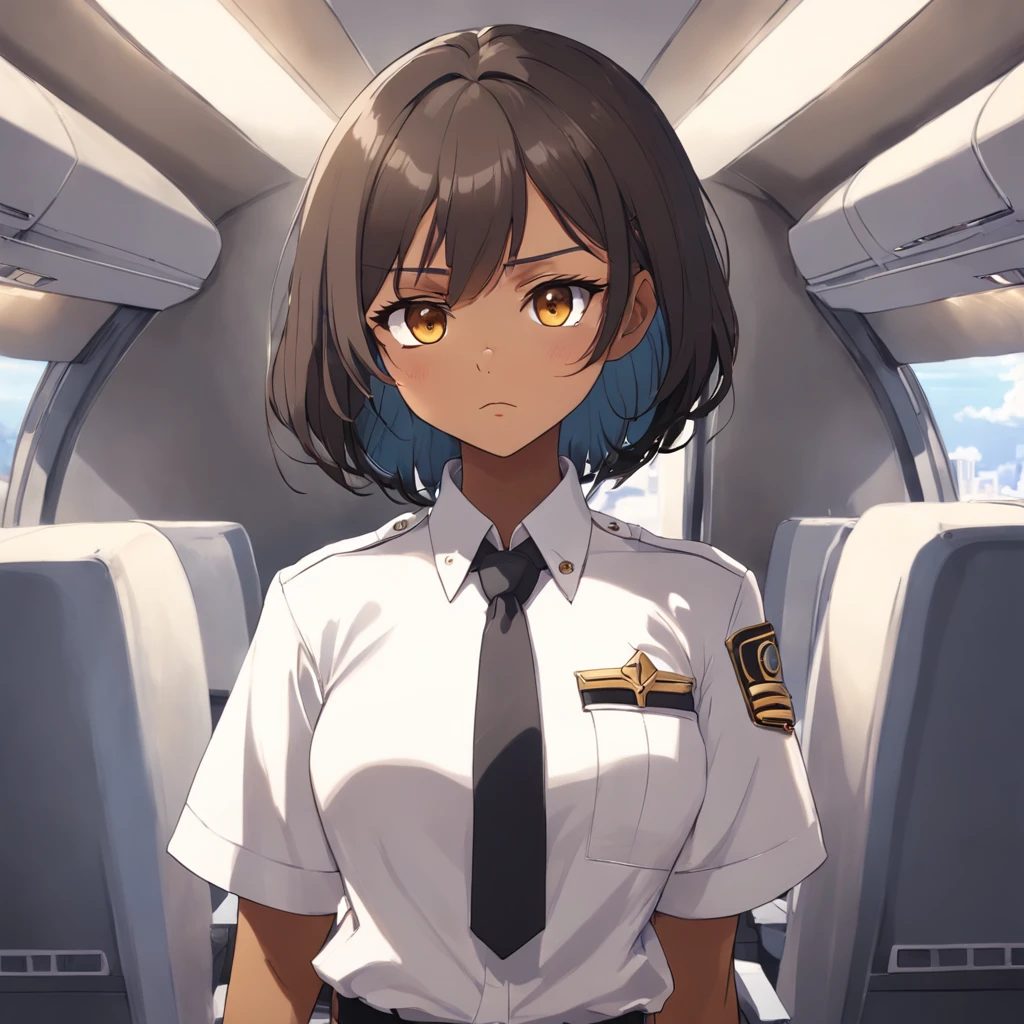 1girl, short black bob hair, yellow eyes, Round glasses, tan skin,DARK SKIN, BROWN SKIN, SHE HAS LIGHT BROWN SKIN, ite body, wearing plain white formal work shirt, wearing long black pants, business tie, absurdres, high res, ultrasharp, 8k, masterpiece, looking at viewer, cat ears, airline pilot uniform, airline pilot hat, white background, short sleeve, bangs, flat chest, whiskers, androgynous,