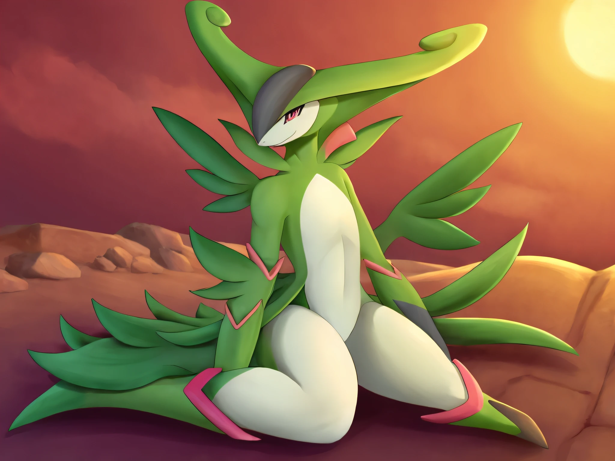 masterpiece, best quality, sideways, wide angle, detailed, gardevoir, bending over, 1girl, visible genitals, facing away, looking sideways, grassy field,