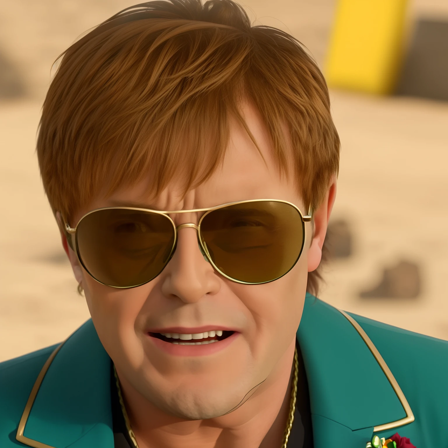 a close up of a person wearing sunglasses and a green jacket, elton john in a fist fight, elton john, elton john lennon, elton john age 25, man with rose tinted glasses, scene from dune 2 0 2 1 movie, film still from dune 2020, wearing thin large round glasses, wearing square glasses