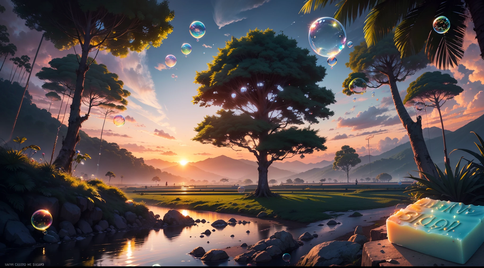 landscape, sunset, ((silver clouds)), jungle, giant tropic trees, (((neon soap bubbles)))