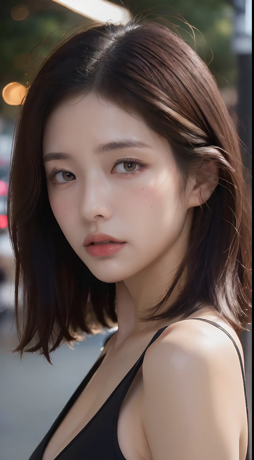 ((Best quality, 8k, Masterpiece :1.3)), Whole body, Sharp focus :1.2, A pretty woman with perfect figure :1.4, Slender abs :1.2, ((Dark brown hair, Big breasts :1.2)), Tank top dress :1.1, (Neon, On street:1.1), Highly detailed face and skin texture, Detailed eyes, Double eyelid
