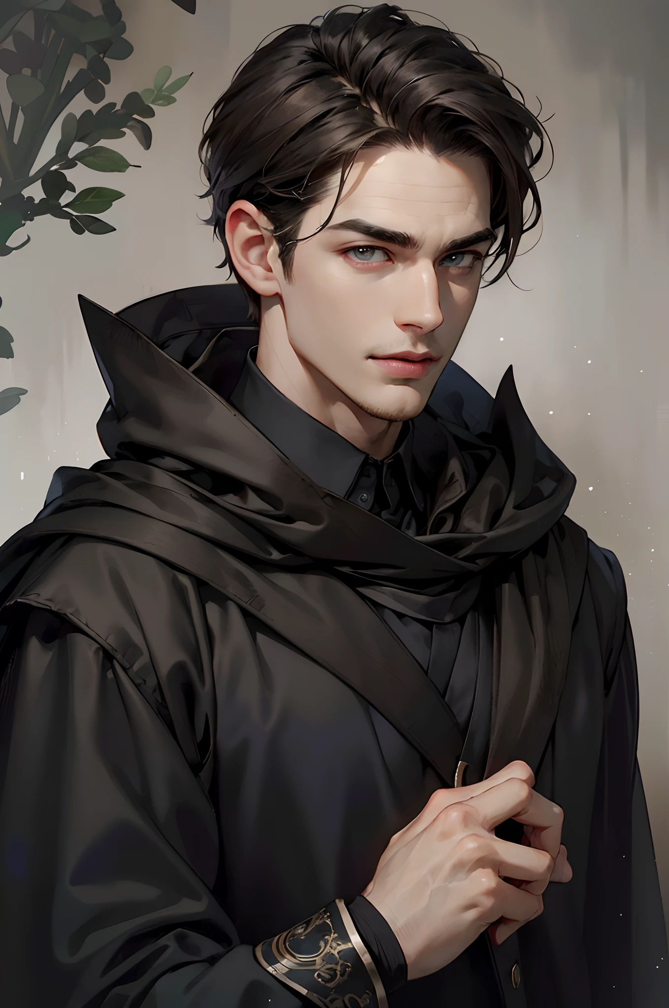masterpiece, best quality, realistic, 1man, mature male, quiet and charming young man, 25 years old, a smirk, closed mouth, portrait, extremely detailed face, cold ((dark grey eyes)), ((short-left-swept dark brown hair)), [thick eyebrows], dark place, ((long black cape and luxury cloth)), evil look, ((handsome))