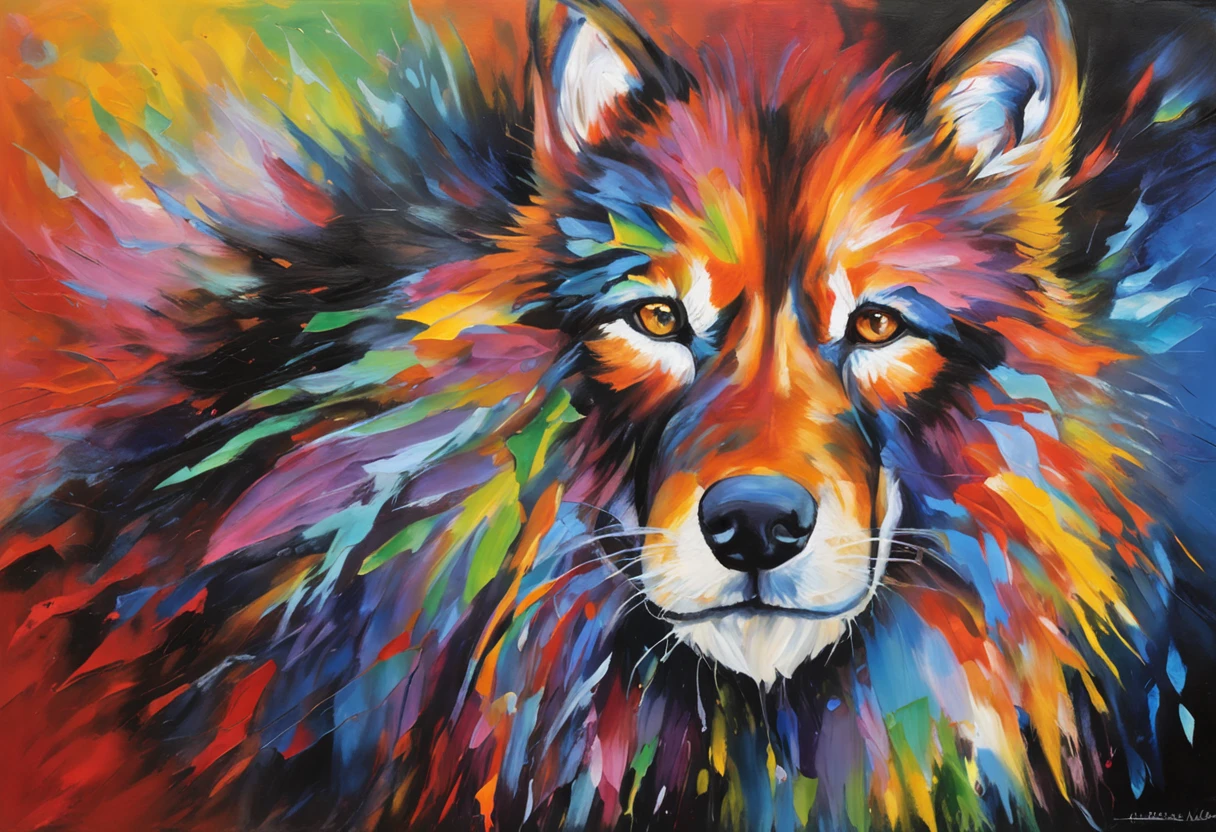 A painting of a colorful wolf on a black background,, breathtaking rendering, dans une connexion rayonnante, inspired by Kinuko Y. Trade,, Magical elements, Kitten icon, pleurage, est magnifique, lancer un sort multicolore, Flash lumineux, Flash