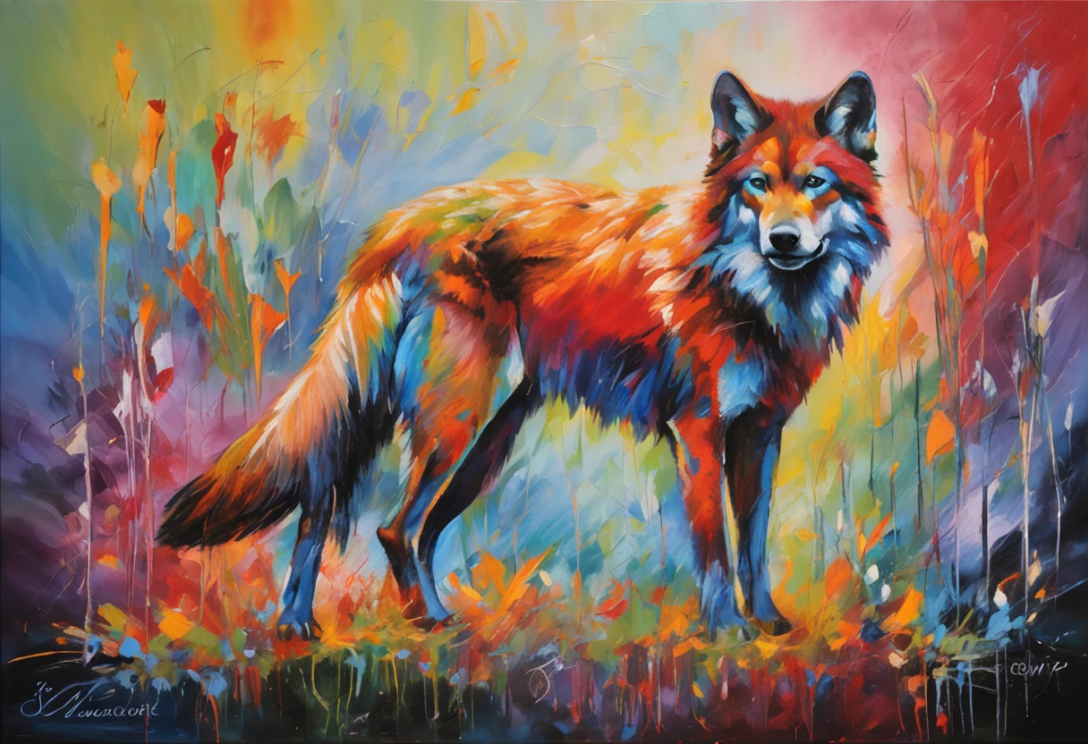 A painting of a colorful wolf on a black background,, breathtaking rendering, dans une connexion rayonnante, inspired by Kinuko Y. Trade,, Magical elements, Kitten icon, pleurage, est magnifique, lancer un sort multicolore, Flash lumineux, Flash