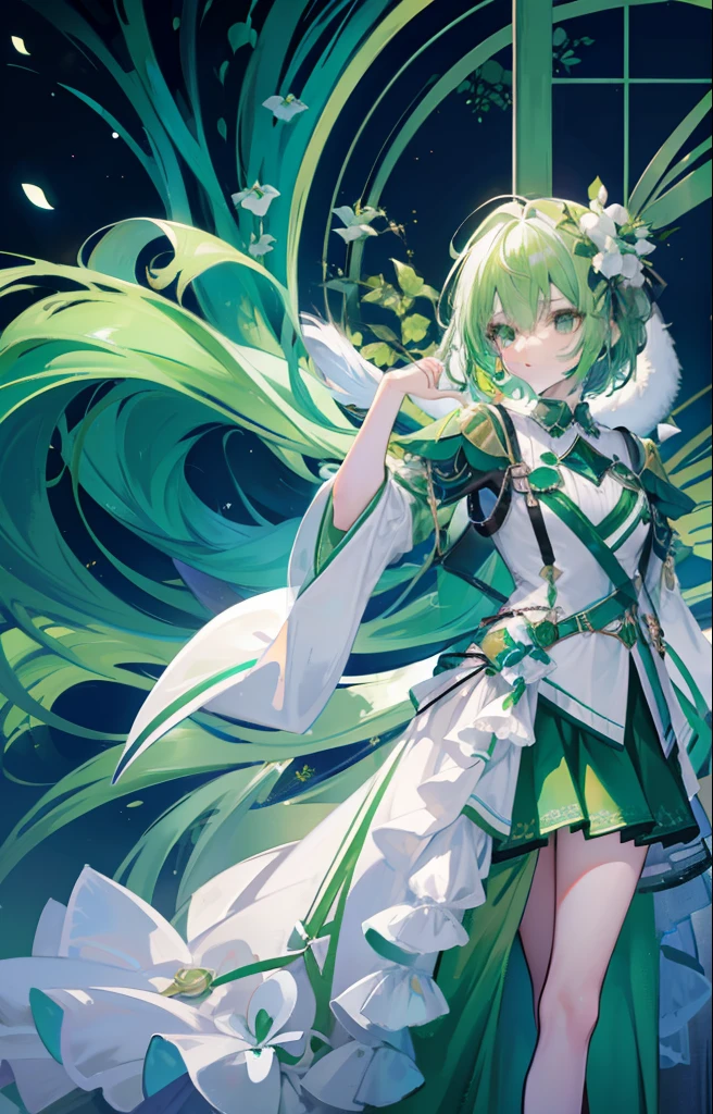 Biochemical beautiful girl with light green hair，Wear green and white clothes，Dignified and elegant and cute