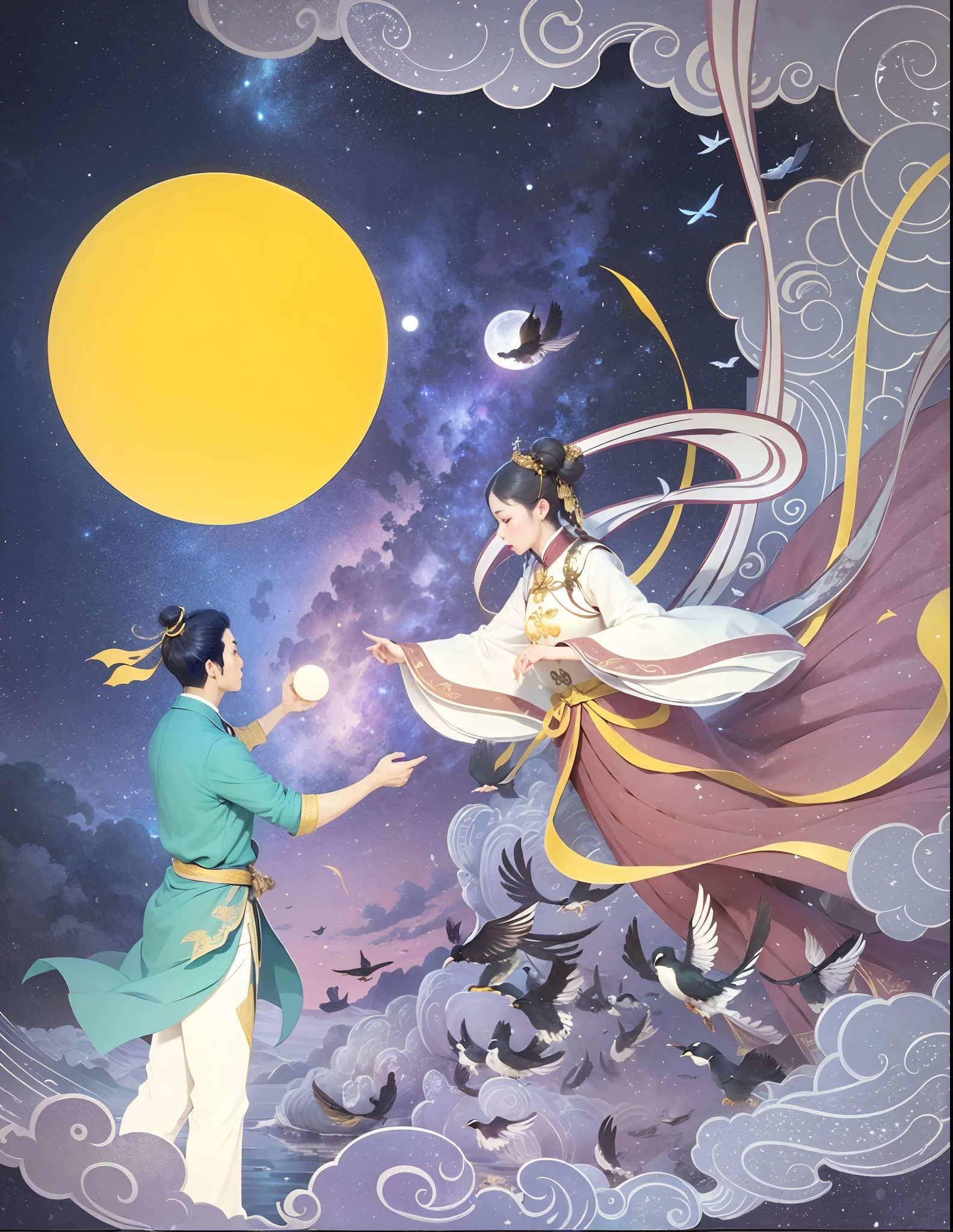 high qulity,paper art,Ancient Chinese men and women met,detail-rich,many flying birds,Moon in the background,Auspicious clouds,nigh sky,Galaxy River,Paper art style,Soft lighting,