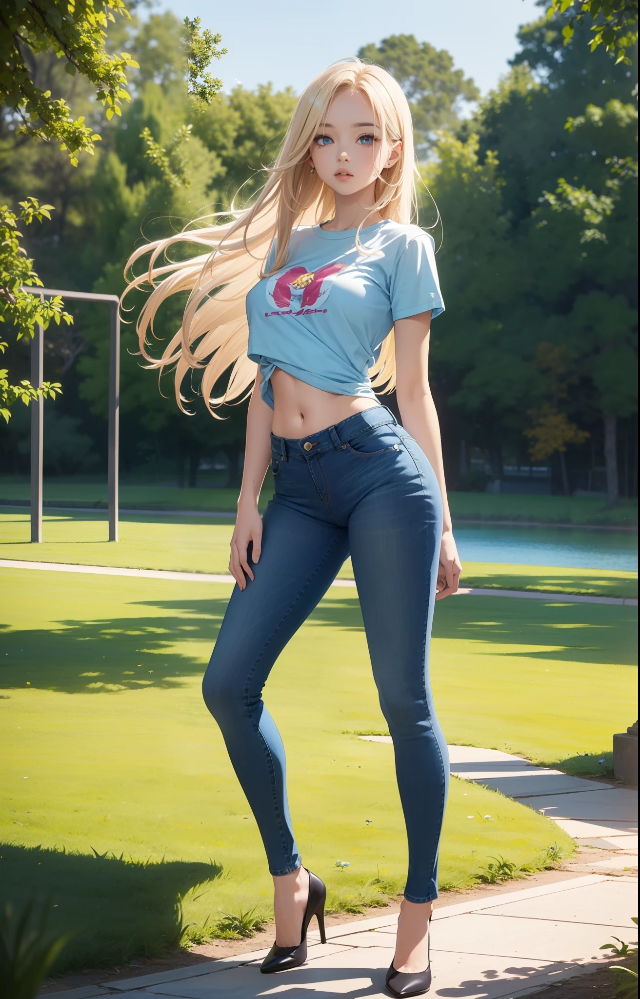 masterpiece, extremery magnificent view, perspective, extremery best quality, extremery detailed CG, 8k wallpaper, high resolution, highly detailed face, highly detailed eyes, perfect anatomy, super detailed skin,
(dynamic angle, dynamic pose:1.2), outdoors, park, tree and lake, (portrait, legs focus, full body), (beautiful face, beautiful eyes, beautiful legs:1.3),
1 girl, solo, (t-shirts, skinny sky blue jeans:1.3), medium breasts, blonde hair, long hair, floating hair, straight hair, open forehead, parted bangs, blue eyes, (navel, :0.8), skinny, slender, big hips, thin waist