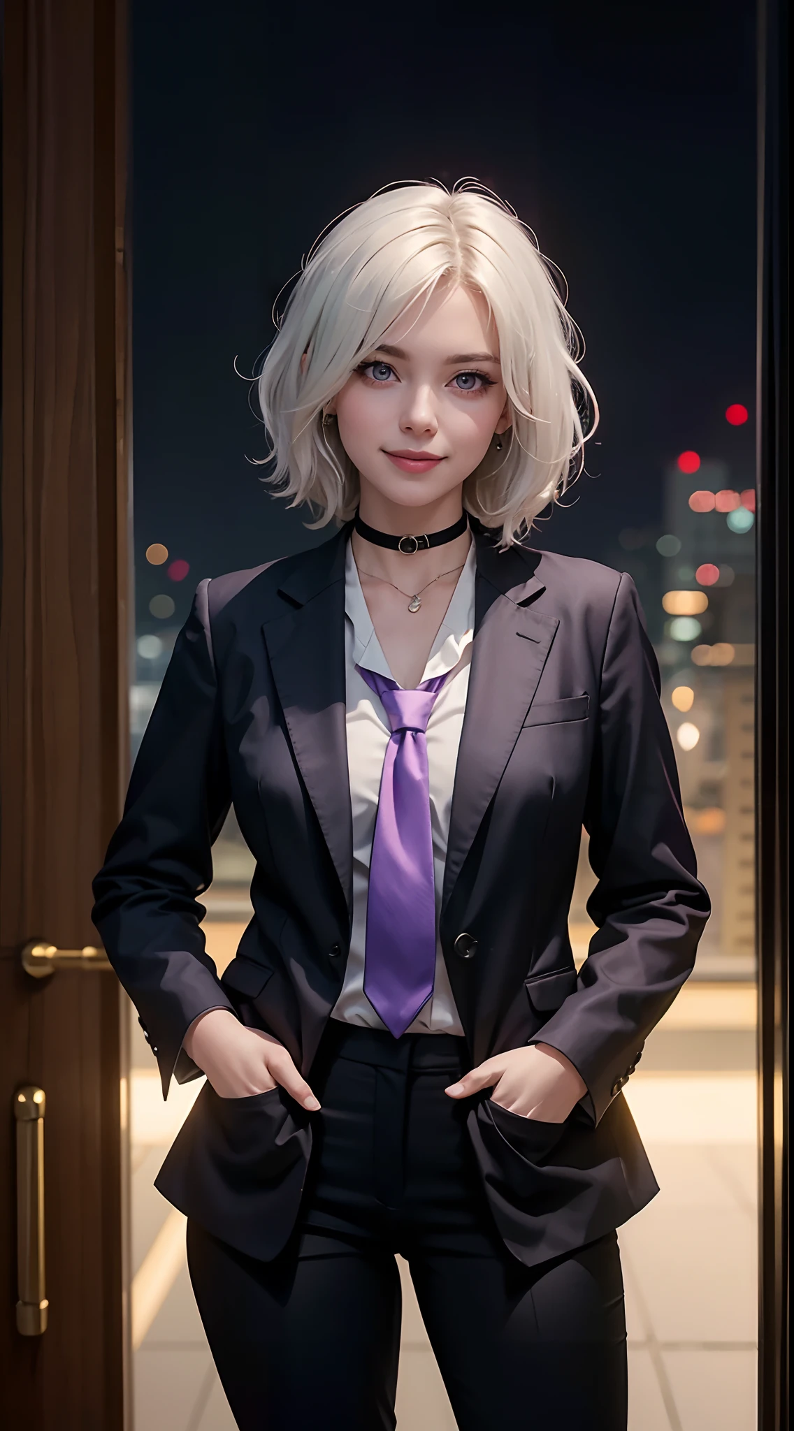(masterpiece, best quality:1.2), cowboy shot, solo, 1girl, white hair, short wavy hair, purple eyes, average breasts, slender body, light smile, looking at viewer, hands in pockets, lady office suit, cleavage, choker, cityscape scenery, street, night light, night time, smoking cigarette, cigsmoker