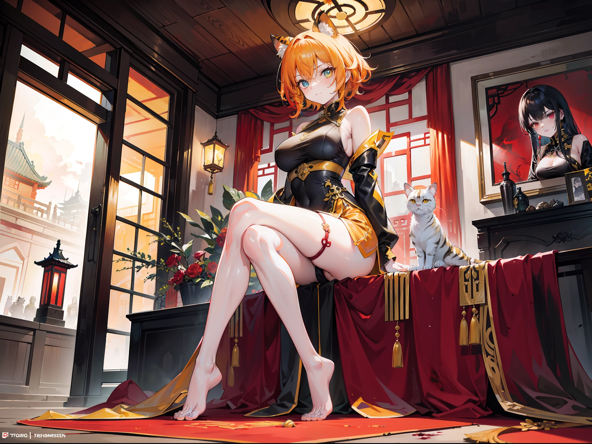 Beautiful girl with orange-yellow hair color,curlies,short detailed hair,High ponytail,cat ear,Beast Girl,He wears a blood-stained, ancient yellow-and-white long-sleeved training suit,A knife hidden in his clothes,open waist,Wear yellow and black shorts,White stockings stained with blood,Barefoot,assassins,Sunny smile,Tall and tall,at dusk at golden hour,Sitting in an ancient Chinese courtyard covered in blood,Bodies are all over the place,dark stormy clouds,China-style,huge tit,抖S,Full body photo,Extremely thin,extremely hyper,assassins,The legs are very thin,Best quality at best,High- sharpness,tmasterpiece,Holding a blood-stained short knife,His body was covered in blood,Sick,Heterochromic pupils,morbid,murderer,extremely hyper,Heterochromic pupils,being thin,Be covered in blood,Bodies are strewn across the field,blood vess,Cat demon,Long cat tail,Open your mouth to reveal two tiger teeth,Leprechaun,cat woman,Tajiro legs