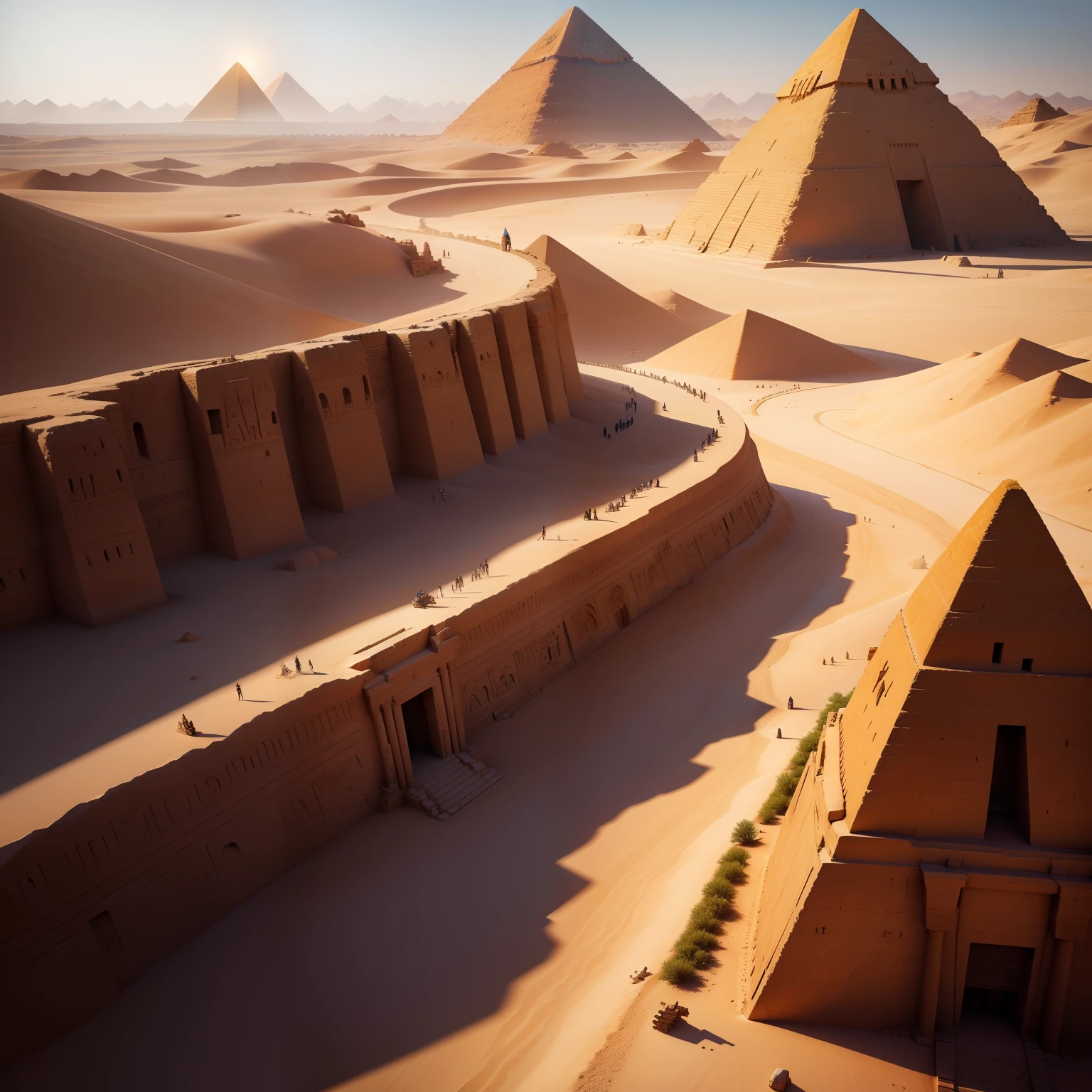 Ancient Egypt Pyramids of the Pharaohs Statues of Kings Valley of the Kings Banks of the Nile River On the sand Space Flying vehicles