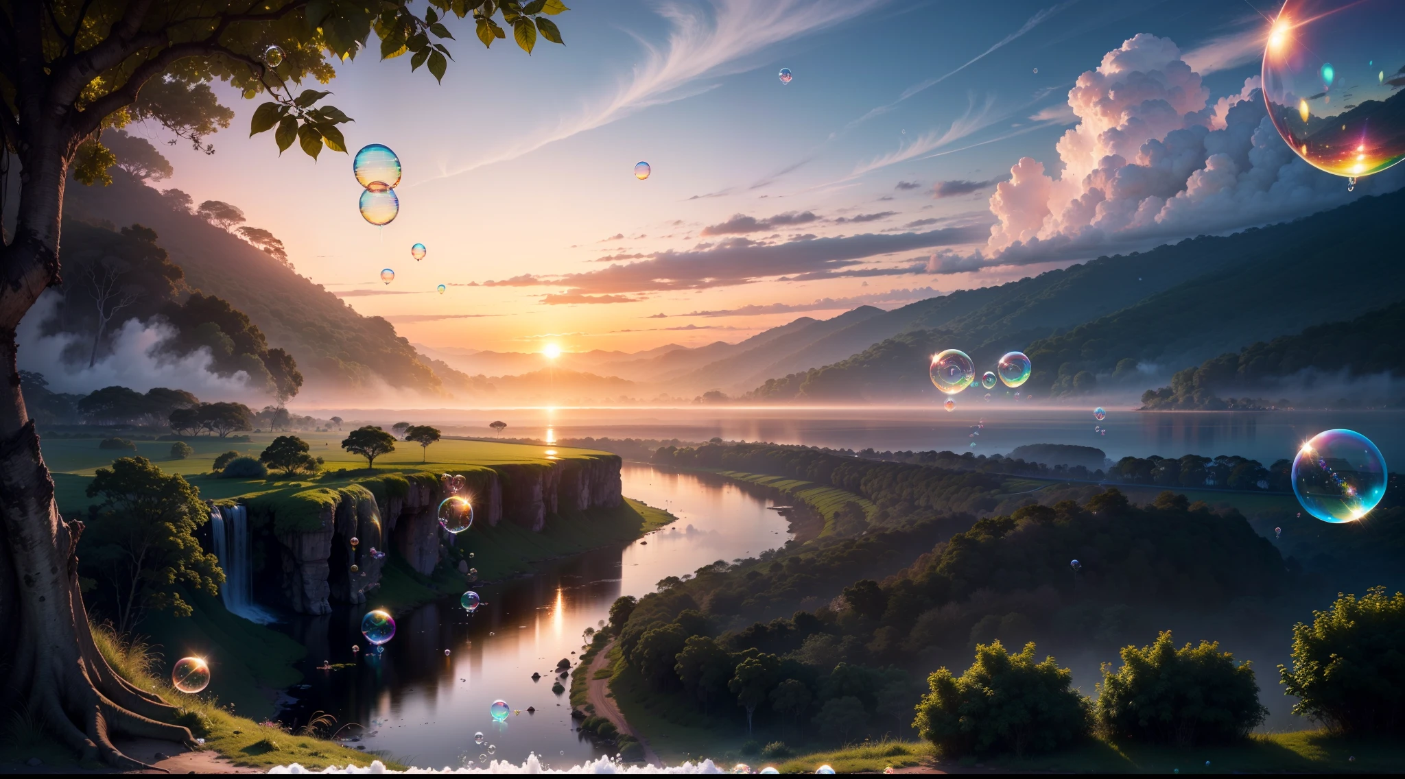 landscape, sunset, silver clouds, jungle, tropic trees, ((flying neon soap bubbles))