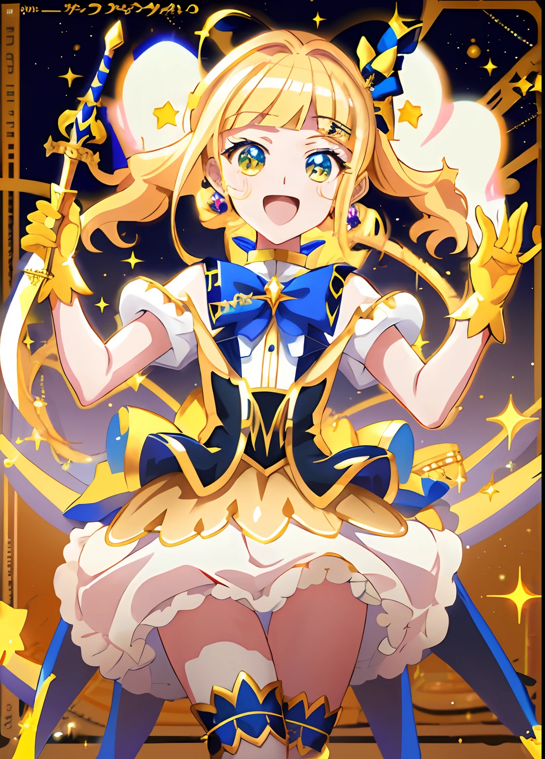 Sailor boy in sword and dress, Long blonde boy, Boy in yellow dress, Black Thigh Socks, Portrait of a magical boy, Sparkling Magical Boy, official artwork, Official art, Magical Boy, Cool, Magical Boy Anime Mahou Shōnen, Magical Boy Style, Muscular men, marin kitagawa fanart, cutecore clowncore, !!Full body portrait!!,