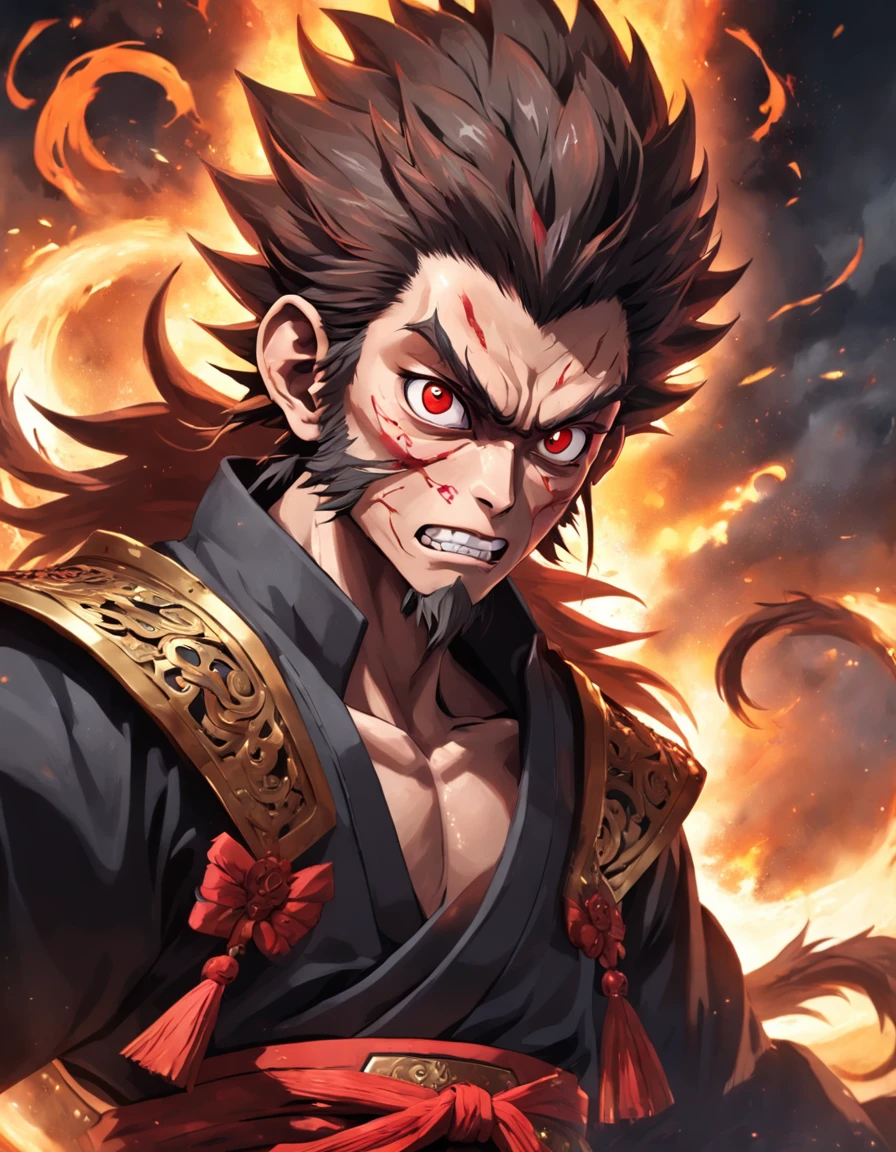 tmasterpiece,Ultra photo realsisim,32K resolution,Excellent painting in extreme detail,best qualtiy,Wukong:Chinese legends of gods and demons,Dark horror theme:1.3,(Monkey Head Black General,Angry,red eyes,Black clothes,redcloak,with short brown hair,Gold forehead band,Detailed face,Detailed eyes,Anatomically correct):1.5,Cobweb texture,darkly,terroral,Ghastly,Complicated details,detailedbackground,awardwinning