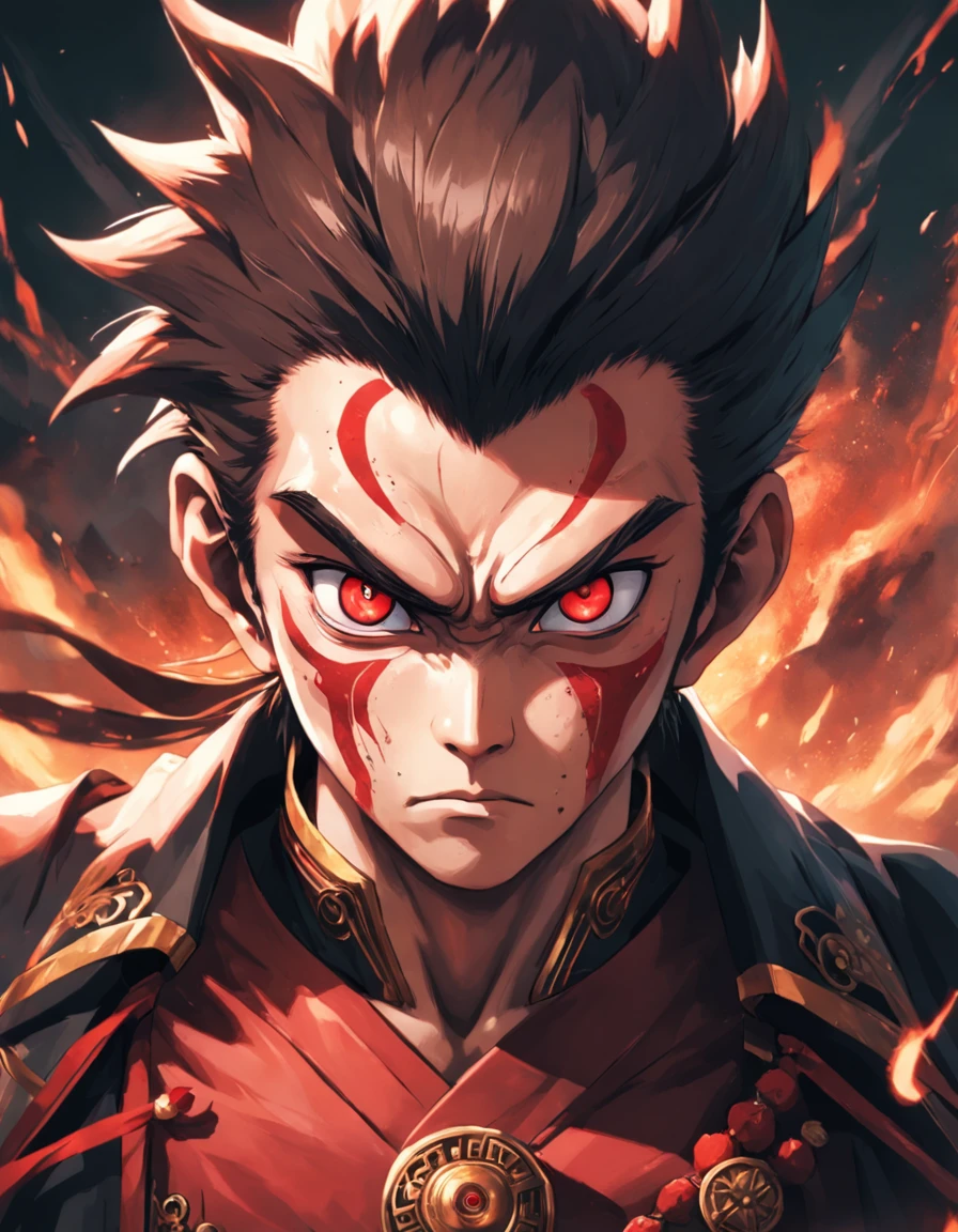 tmasterpiece，Ultra photo realsisim，32K resolution，Excellent painting in extreme detail，best qualtiy，Wukong:Chinese legends of gods and demons，Dark horror theme:1.3，（Monkey Head Black General，Angry，red eyes，Black clothes，redcloak，with short brown hair，Gold forehead band，Detailed face，Detailed eyes，Anatomically correct）:1.5，Cobweb texture，darkly，terroral，Ghastly,Complicated details，detailedbackground，awardwinning