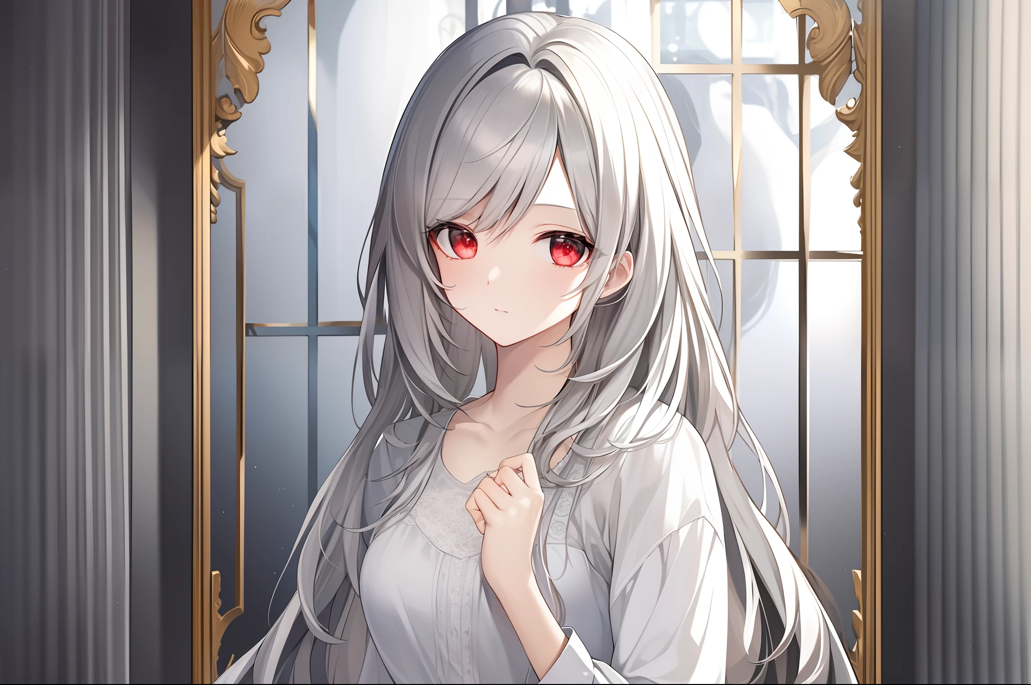 ((Masterpiece, Best quality))++, Detailed light+,  Detail hair+, detail hand+ ,1girll, woman, Long hair,   dark red eye,  Beautiful eyes, Young gray hair,,(Beautiful white hair:1.5),(Beautiful detailed eyes), ,    high resolution+,   Masterpiece,  , Glass tones, Reflective eyes,  {{Angle}} , extremelydetailedwallpaper, Original,full bodyesbian,Bedrooms,upper legs, Beth,starrysky,Issuing,,swim wears,,naturey