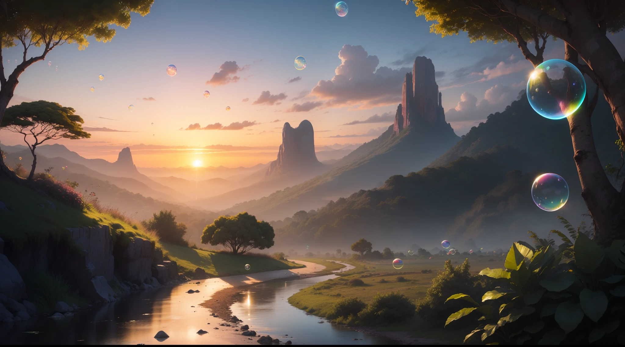 landscape, sunset, silver clouds, jungle, tropic trees, ((flying neon soap bubbles))