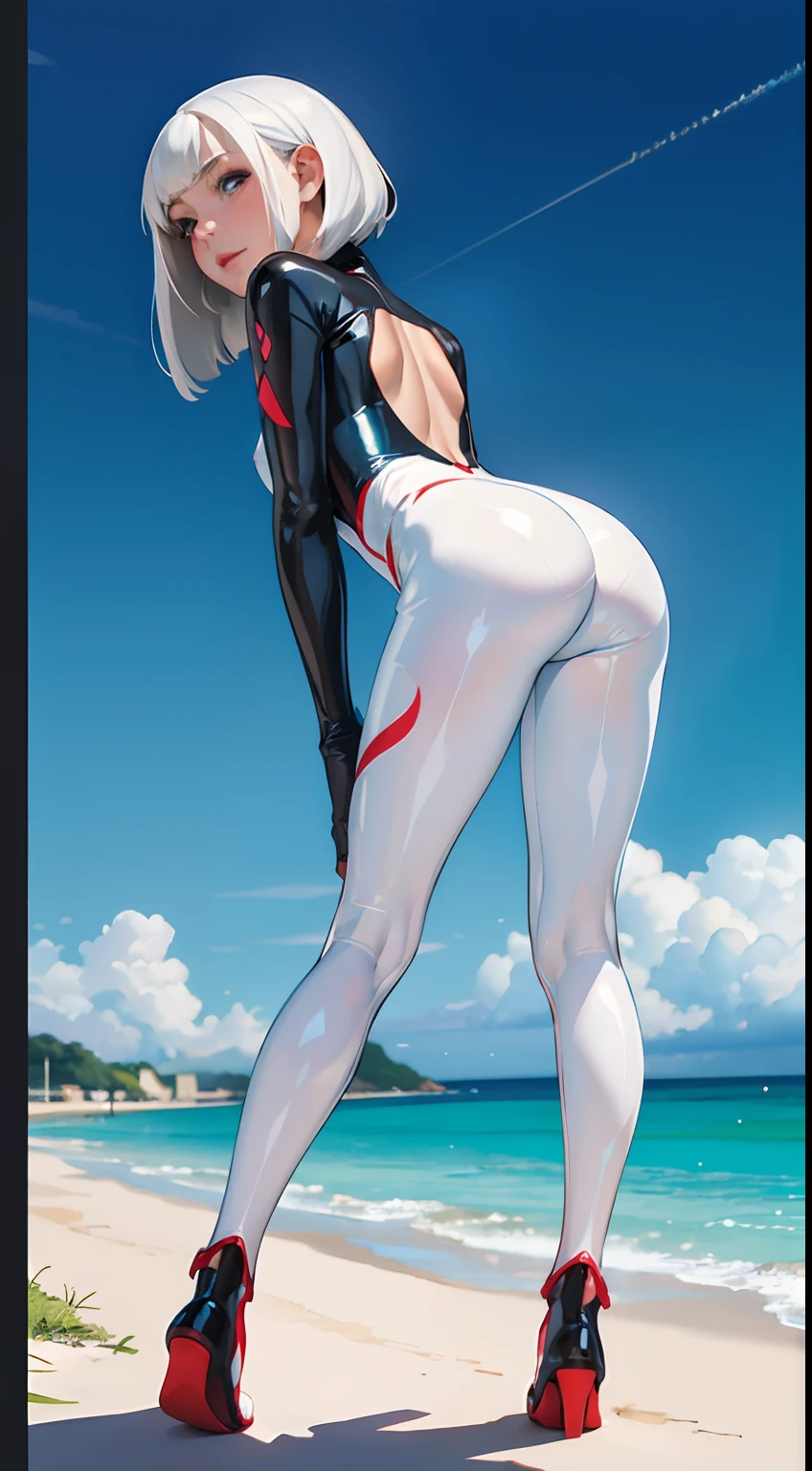 best quality, masterpiece, beautiful face and eyes, beautiful woman, glamorous body, white hair,absurdly long hair, aqua eye, one woman, delicate depiction, glossy latex red full bodysuit, clothes are transparent, provocative pose, back view, sticking out , charming asshite and black colors full bodysuit, alluring smile, bobcut,(ass),(ered erecti lel es),(show off ass),(midnightyscra per),(full body),((13yo))