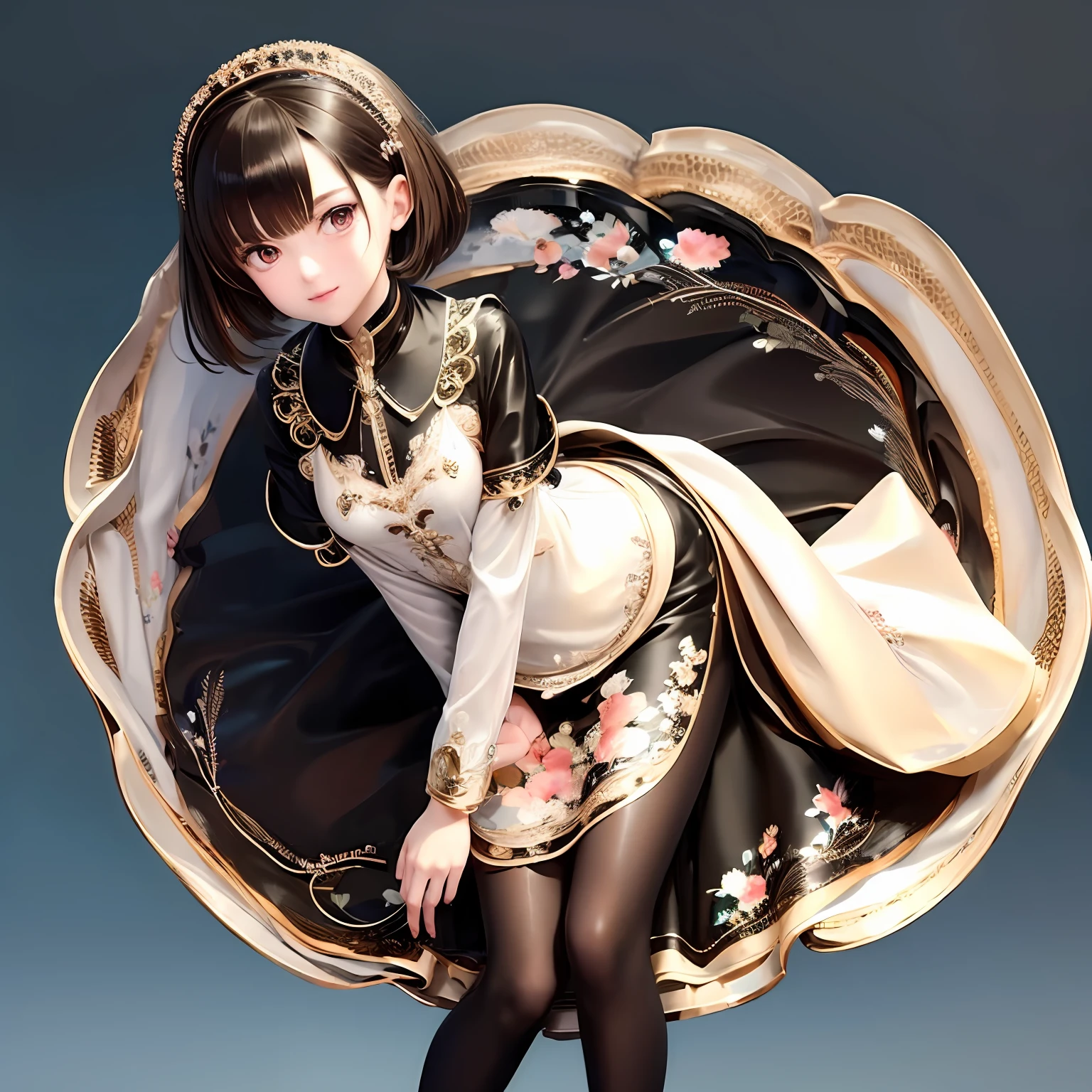 (masterpiece:1.3),(best quality:1.4),ultra high res,(detailed eyes),(detailed facial features),(detailed clothes features),HDR,8k resolution, solo focus, bangs, skin tight, (shiny skin),(slender girl),dreamlike,
(extreme detailed illustration),check commentary,commentary request,scenery,no text,
VirtualGirl-Rin, happy, smile, (small breasts), bangs, bob hair, short hair, brown hair, brown eyes, black choker,
1girl, (solo),
sexy Maid, Maid hair band,Maid dress,Maid apron,Maid skirt,Maid stockings,black leather shoes,