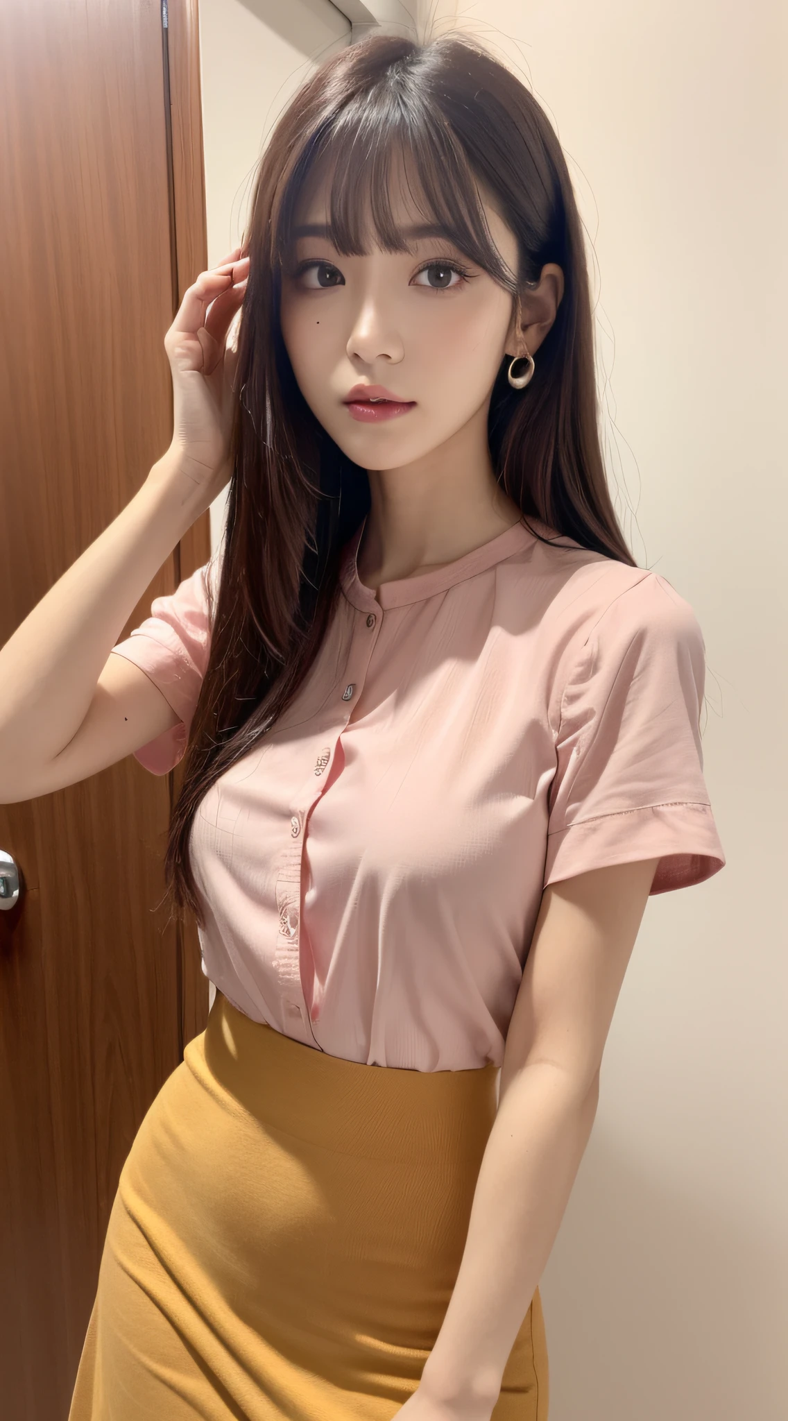 (Best Quality, 8K, masutepiece, Ultra HD: 1.3), 1girl in, mideum breasts, light brown hair, Blunt bangs, hair behind ear, hair over shoulder, Long hair,  slender body shape, Ultra Fine Face, Delicate lips, Beautiful eyes, Double eyelids, pink lipsticks, Ultra-thin hands, Ultra-fine fingers, Short sleeved shirt, Tight skirt with slit , beauty legs ,pumps
