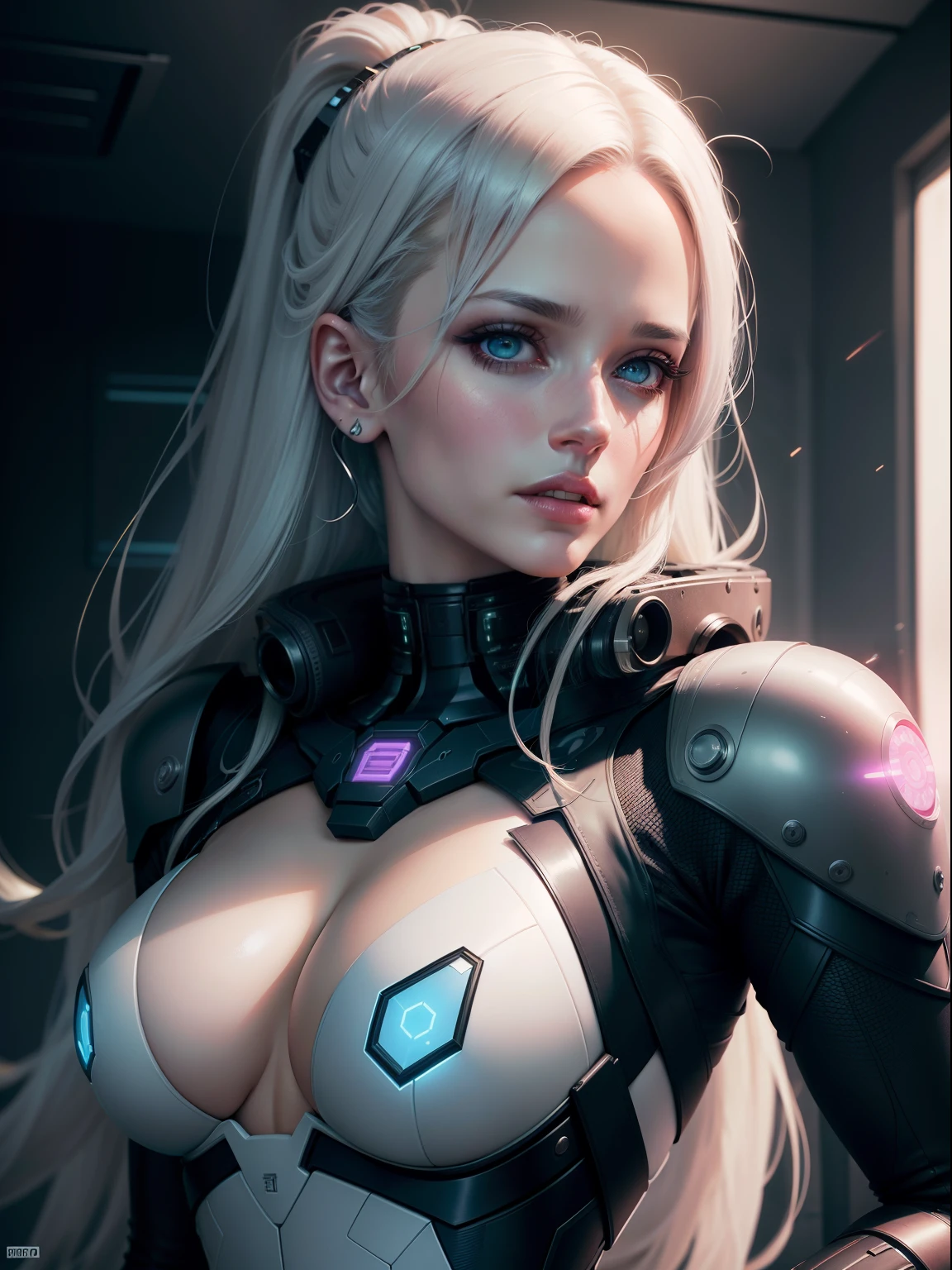 1 retrato de 1 mulher, inspirado na atriz Eva Green, rosto detalhado, corpo androide feminina, idade 16 anos, olhos detalhados, cor dos olhos vermelhos, musculatura correta, Anatomia correta, thirds rule, proportion Aurea, cyberpunk latex white, translucido, microchips, Electronic, Cabos, cyber implants, high resolution better rendering, cinematic lighthing, 8k, papel de parede 8k