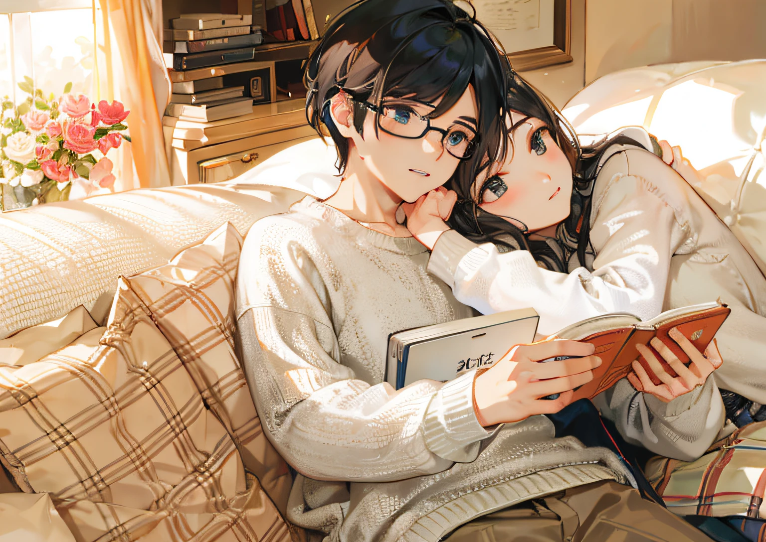 couple，They sat on the couch，Read a book together