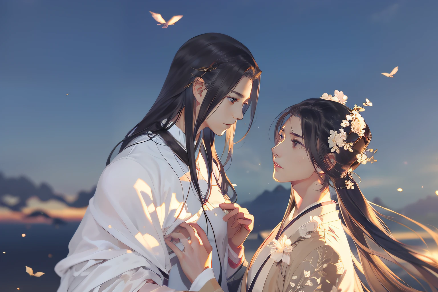 A handsome Chinese boy and girl、full bodyesbian、Look at each other,Gentle eyes,Clear facial features,Correct perspective,wearing a hanfu,The body is surrounded by white mist,Magpies fly around,Holographic reality,holographic halo,dynamic blur,Game lighting effects,rim-light,Soft light,cinematic rim light,The light is delicate