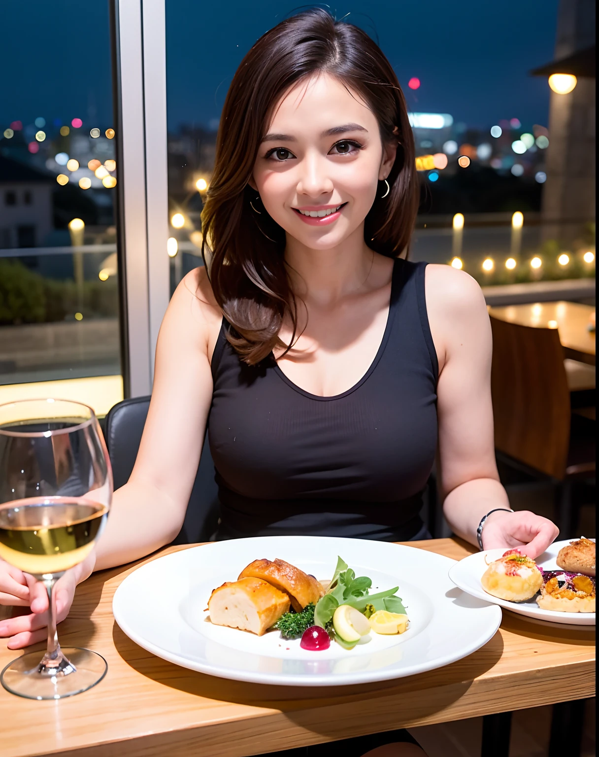 (64K, UHD, top quality, masterpiece: 1.2), (realistic, photorealistic: 1.37), super detailed, pretty woman 1 person, (slim face), (slim body), (brown hair), (short cut), cheeks slightly blushing, (44 years old), 38 years old, solo, beautiful detailed urban night view outside the window, restaurant, wine glasses sit, at night, in a prominent placeNovaFrogStyle, Actress, Model, Waist Up, White Wine, Slim, Wine Glass, Super Clean Night View, Wine Glass Put in the Middle, Happy Smile, (Smile: 1.15), Beautiful Fine Eyes, Upper Body, Bust Japan Up, Night, Short, Short, Actress, Model, Waist Up, White Wine, Slim, Wine Glass, Super Clean Night View, Wine Glass Put in the Middle, Happy Smile,