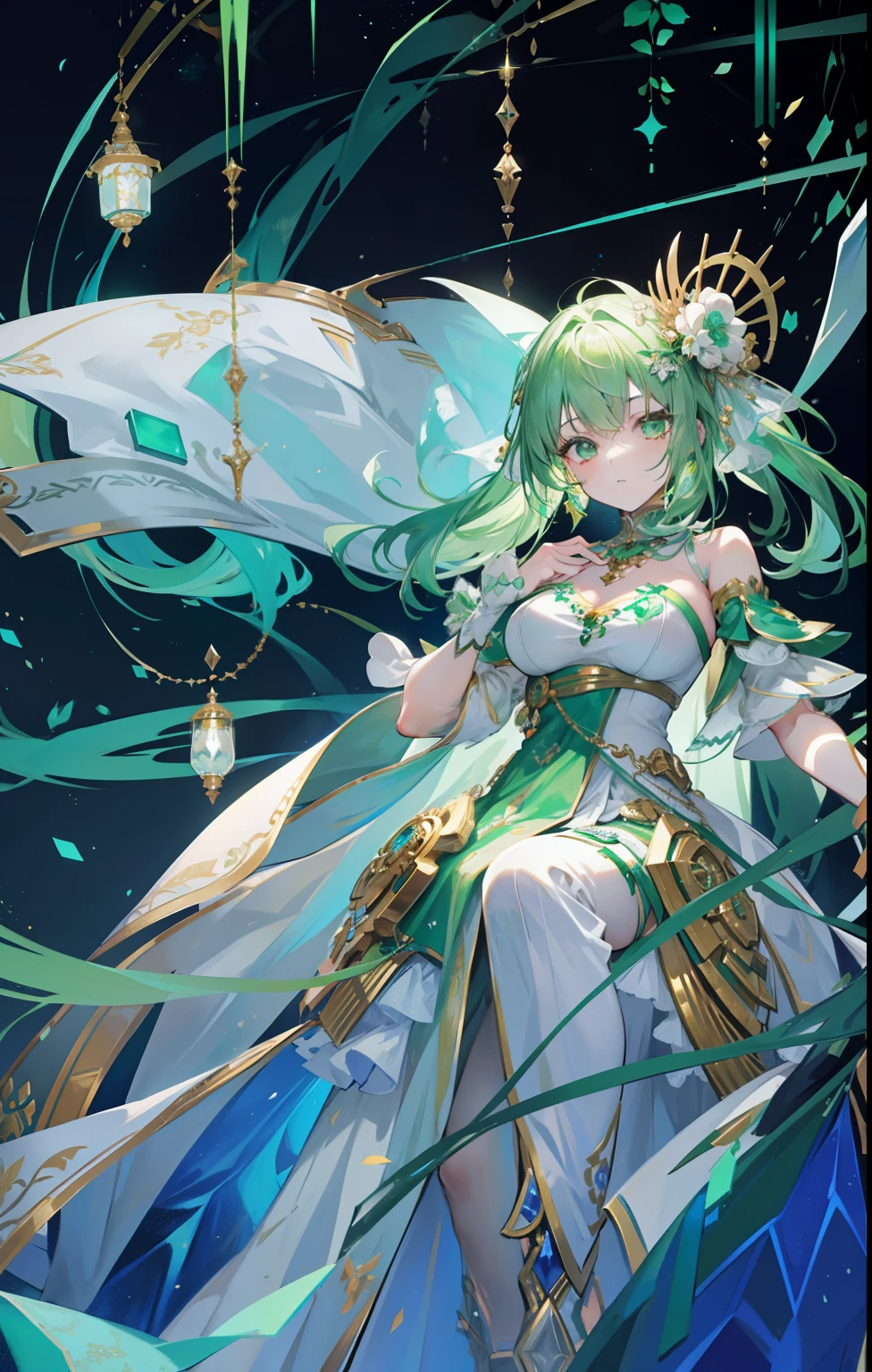 Light green hair,The green and white dress is embellished with gold ornaments,Light and dignified, cute,is a cyborg, beautiful girl