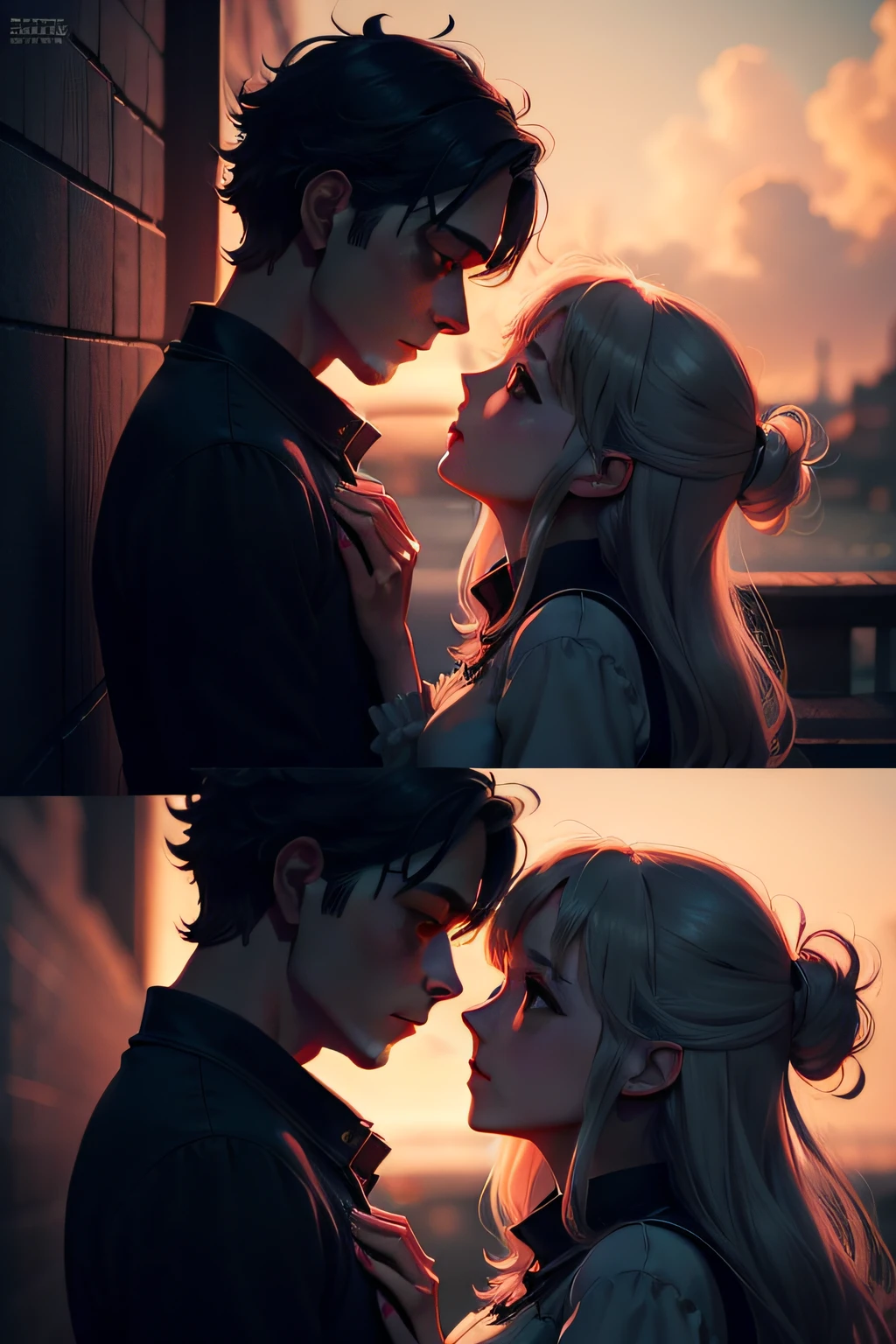 Man and woman in love, Anime style, Ghibli-like colors, Cinematic lighting, 4K, High quality, High details