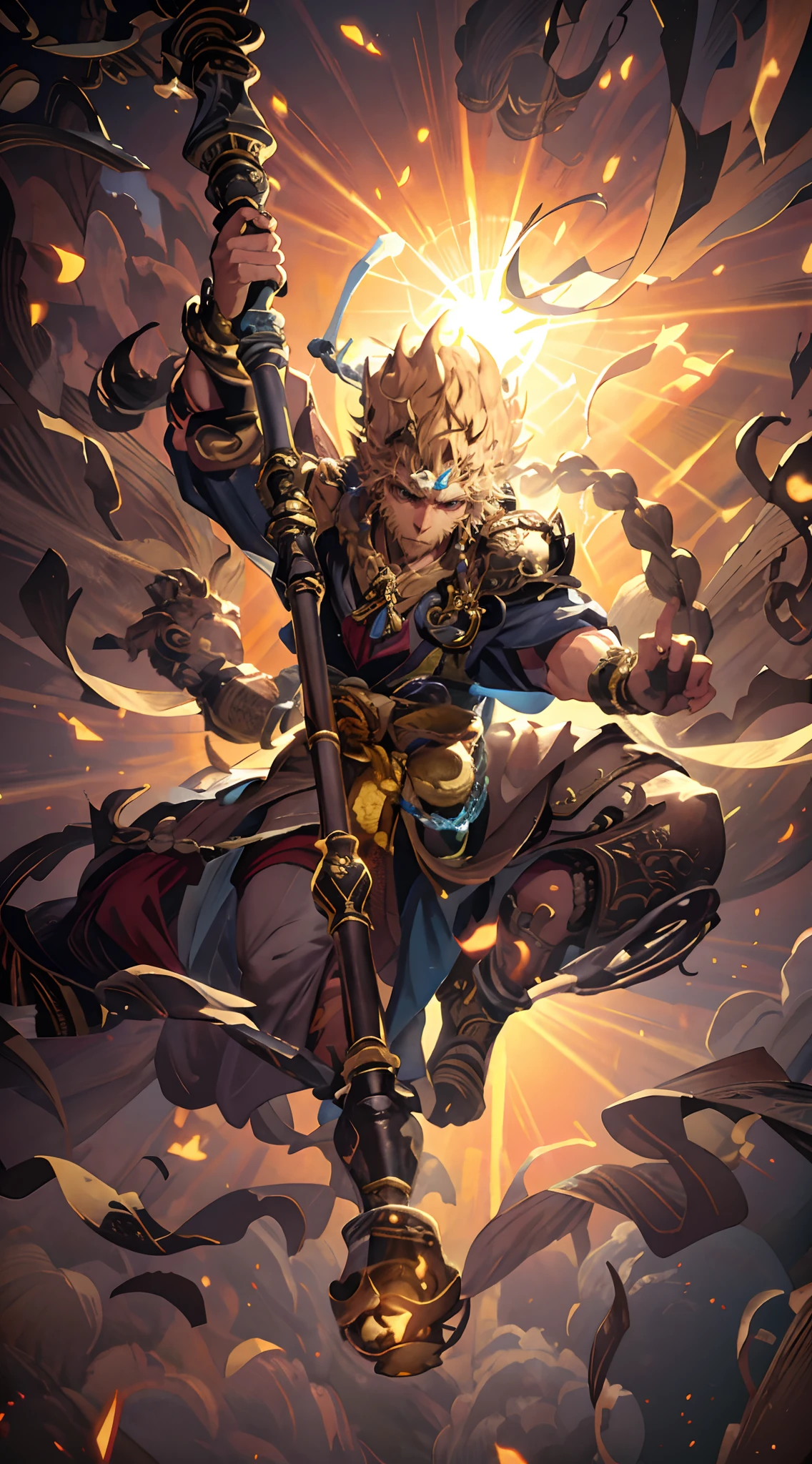 (from above), best quality, portrait, sun wukong, legendary god, dynamic action pose, riding a magical cloud, holding a golden staff, fierce, epic, cinematic composition, intricate details, hyperdetailed composition, uhd, 8k, animecore