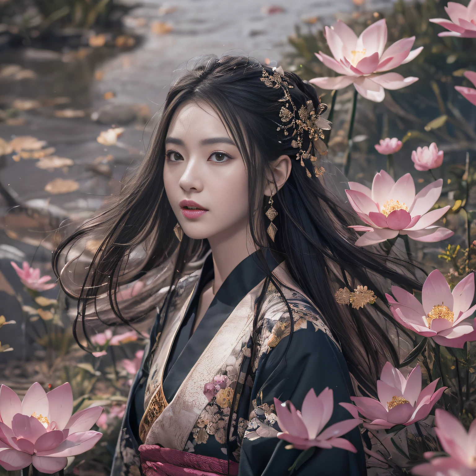 32K(tmasterpiece,k hd,hyper HD,32K)Long flowing black hair,ponds,zydink, a color, Asian people (Silly girl), (Silk scarf), Combat posture, looking at the ground, long whitr hair, Floating hair, Carp pattern headdress, Chinese long-sleeved clothing, (abstract ink splash:1.2), Pink petal background,Pink and white lotus flowers fly(realisticlying:1.4),Black color hair,Fallen leaves flutter,The background is pure, A high resolution, the detail, RAW photogr, Sharp Re, Nikon D850 Film Stock Photo by Jefferies Lee 4 Kodak Portra 400 Camera F1.6 shots, Rich colors, ultra-realistic vivid textures, Dramatic lighting, Unreal Engine Art Station Trend, cinestir 800,Long flowing black hair