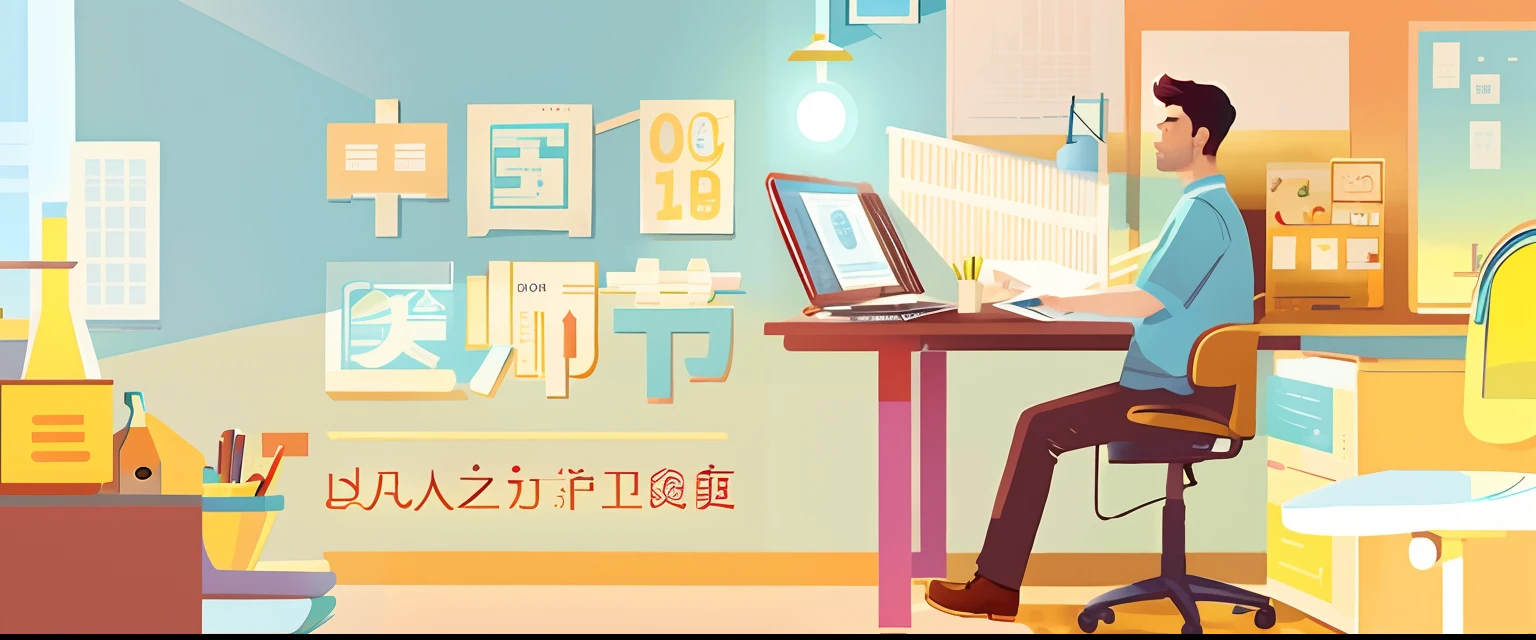 There was a man sitting at his desk，Holding a laptop, Flat illustration, 🪔 🎨;🌞🌄, illustration!, by Atey Ghailan, illustratio, daily life, 🚿🗝📝, Digital illustration, #illustration, author：Qu Leilei, author：Cheng Jiasui, illustratio, illustration], cover photo portrait of du juan