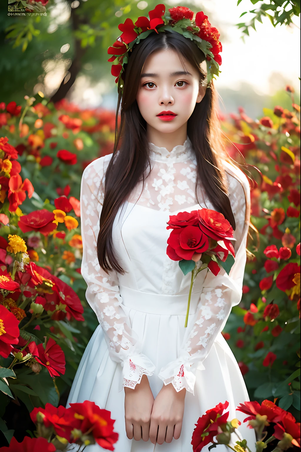 dark themed、(top-quality、masterpiece:1.2)、18 year old girl in the garden、Ultra-realistic frills、White lace long sleeve dress、(Confusion of red flowers in the background:1.3)、Pose Keeping