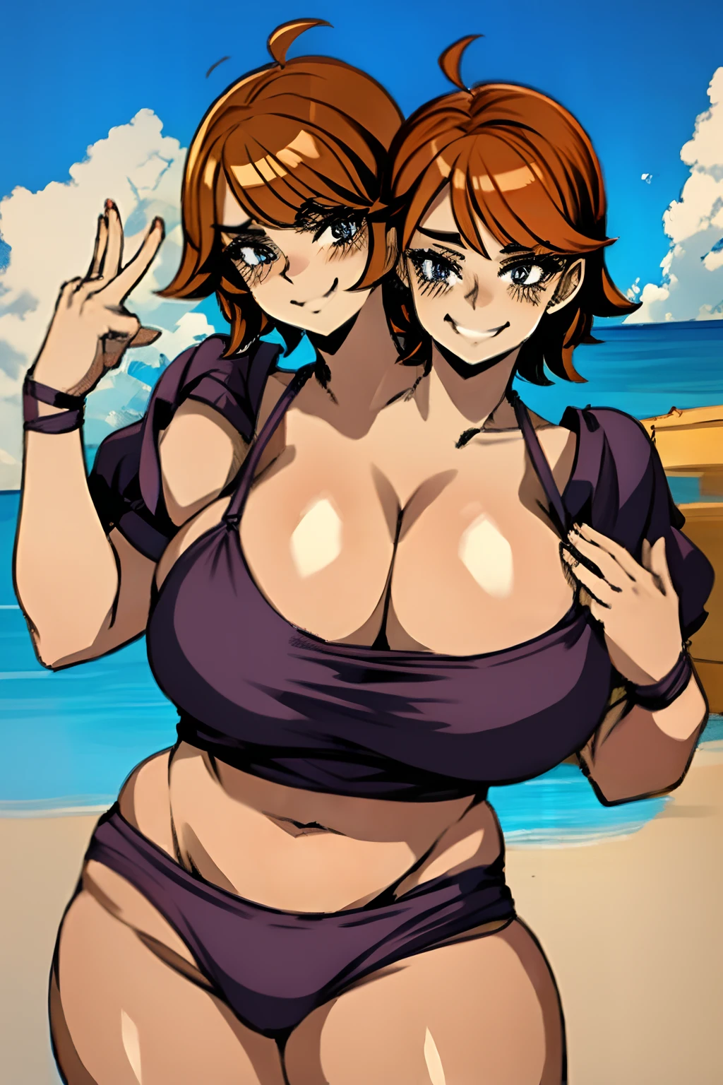 2heads, a short fat woman with 2 heads. She has enormous breasts. She is a midget with enormous breasts and short. She is wearing a colorful swimsuit. She is at the beach. She looks sunburnt. She looks happy. She has gigantic breasts. She looks happy. She is short and fat. She has massive breasts. She is proud of her enormous breasts. She looks smug. She is very short and fat.