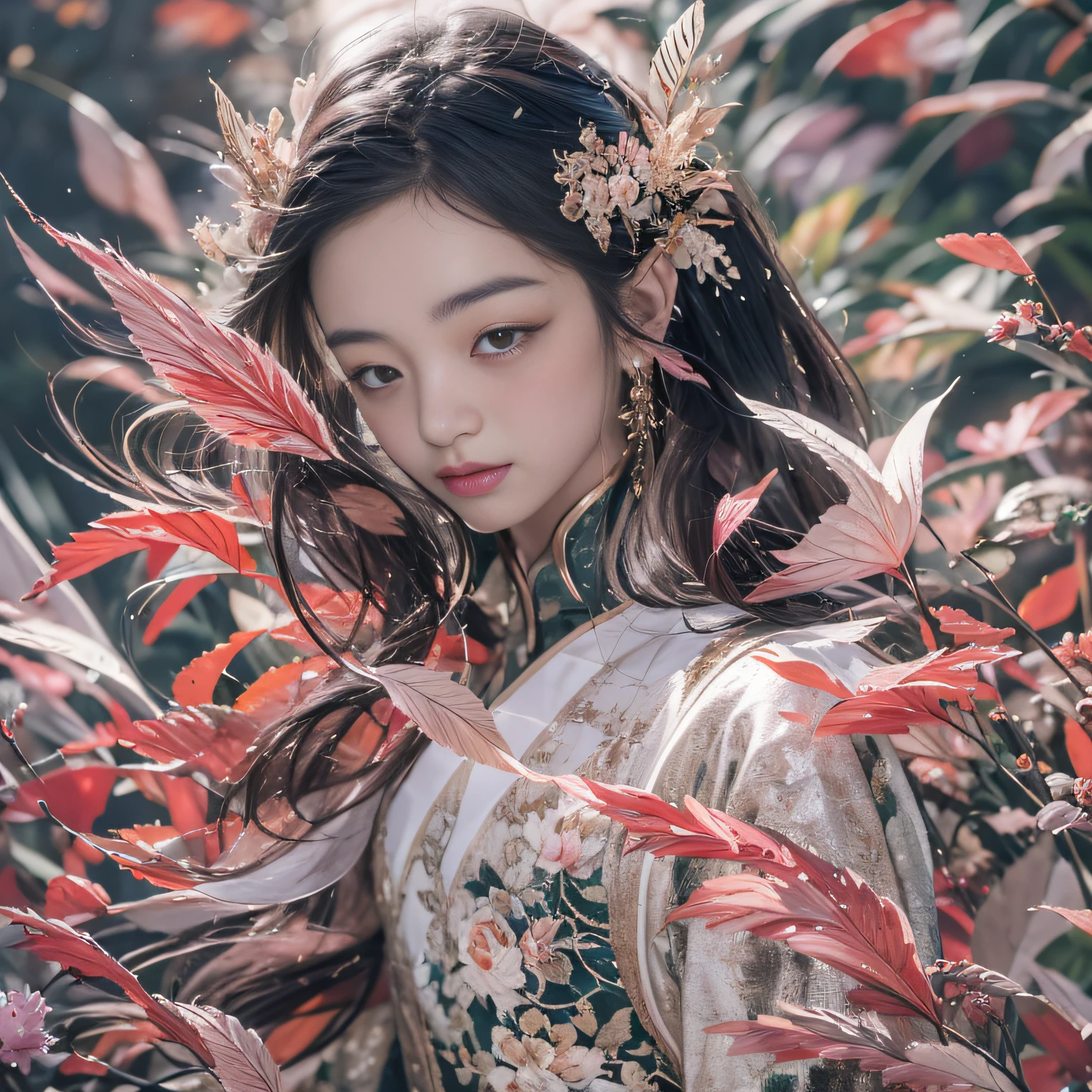 32K（tmasterpiece，k hd，hyper HD，32K）Long flowing black hair，ponds，zydink， a color，  Asian people （Silly girl）， （Silk scarf）， Combat posture， looking at the ground， long whitr hair， Floating hair， Carp pattern headdress， Chinese long-sleeved clothing， （abstract ink splash：1.2）， Pink petal background，Pink and white lotus flowers fly（realisticlying：1.4），Black color hair，Fallen leaves flutter，The background is pure， A high resolution， the detail， RAW photogr， Sharp Re， Nikon D850 Film Stock Photo by Jefferies Lee 4 Kodak Portra 400 Camera F1.6 shots, Rich colors, ultra-realistic vivid textures, Dramatic lighting, Unreal Engine Art Station Trend, cinestir 800，Long flowing black hair