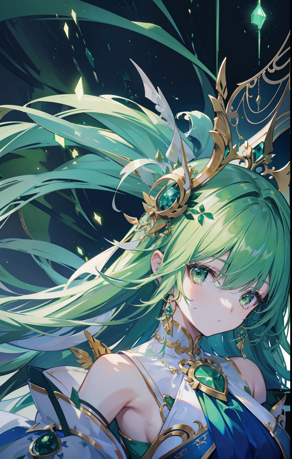 Light green hair,The green and white dress is embellished with gold ornaments,Light and dignified, cute,is a cyborg, beautiful girl