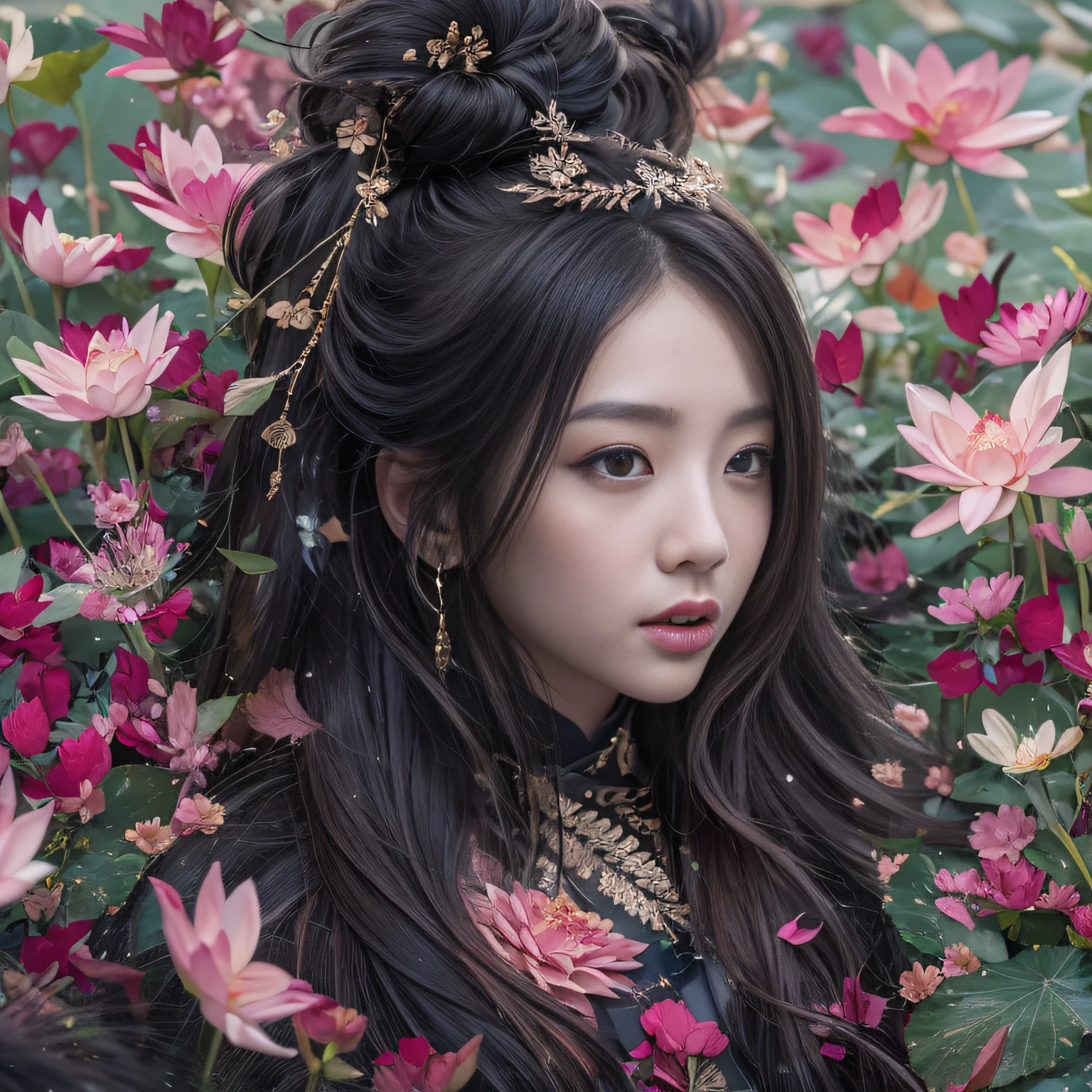 32K(tmasterpiece,k hd,hyper HD,32K)Long flowing black hair,ponds,zydink, a color, Asian people (Silly girl), (Silk scarf), Combat posture, looking at the ground, long whitr hair, Floating hair, Carp pattern headdress, Chinese long-sleeved clothing, (abstract ink splash:1.2), Pink petal background,Pink and white lotus flowers fly(realisticlying:1.4),Black color hair,Fallen leaves flutter,The background is pure, A high resolution, the detail, RAW photogr, Sharp Re, Nikon D850 Film Stock Photo by Jefferies Lee 4 Kodak Portra 400 Camera F1.6 shots, Rich colors, ultra-realistic vivid textures, Dramatic lighting, Unreal Engine Art Station Trend, cinestir 800,Long flowing black hair