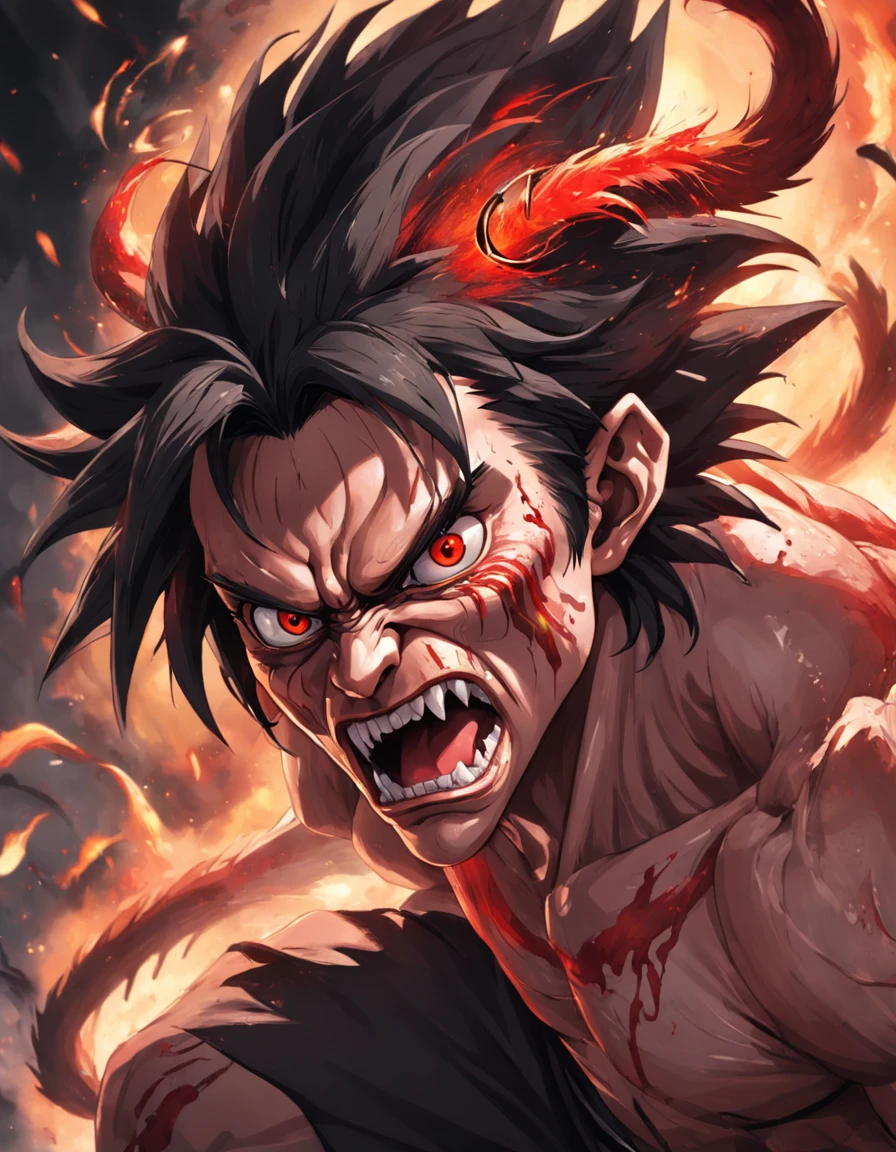 tmasterpiece,Ultra photo realsisim,32K resolution,Excellent painting in extreme detail,best qualtiy,Wukong:Chinese legends of gods and demons,Dark horror theme:1.3,(Monkey Head Black General,Angry,Fighting posture,red eyes,Black clothes,redcloak,with short brown hair,Gold forehead band,Detailed face,Detailed eyes,Anatomically correct):1.5,Cobweb texture,darkly,terroral,Ghastly,Complicated details,detailedbackground,awardwinning