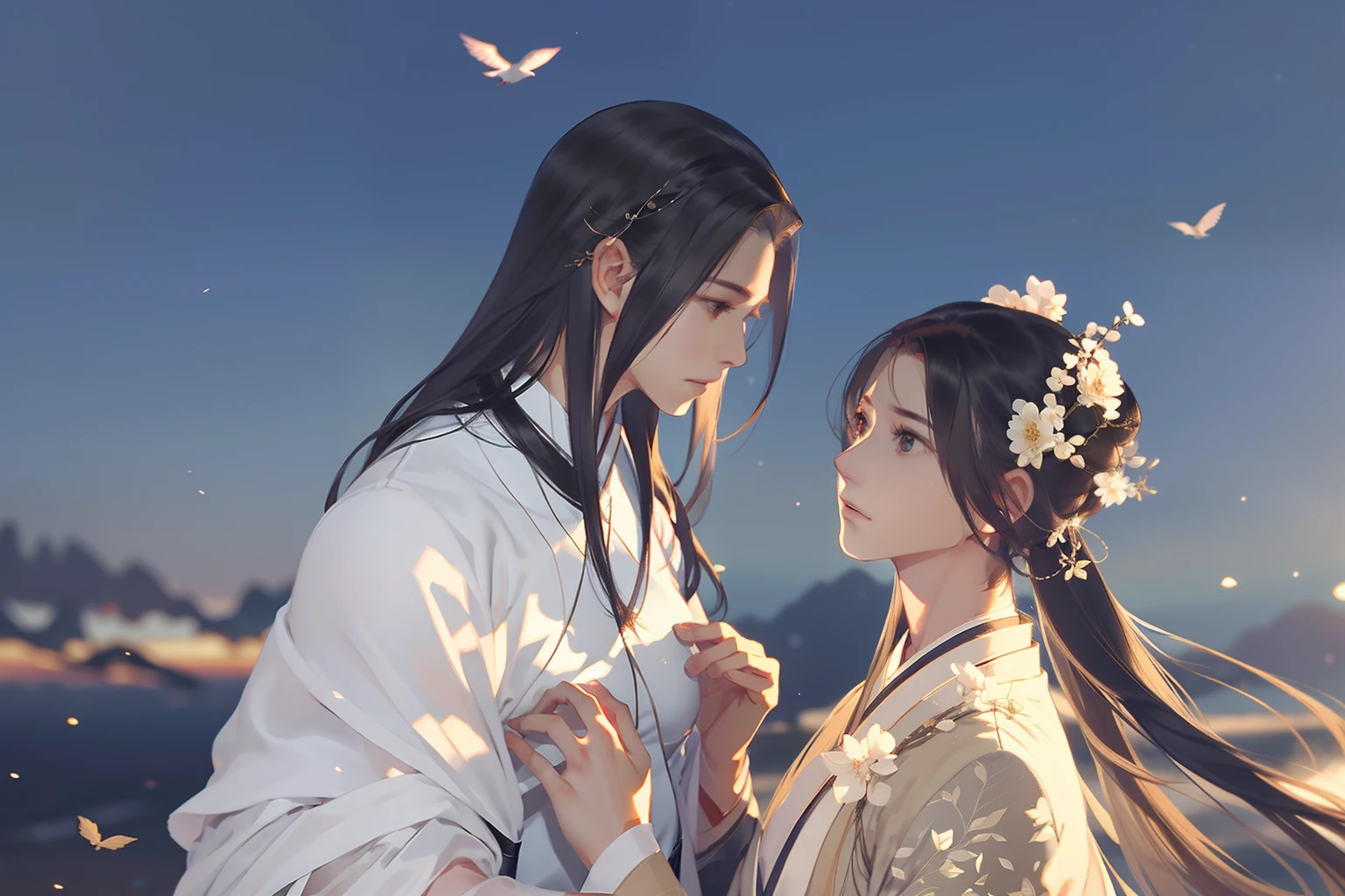 A handsome Chinese boy and girl、full bodyesbian、Look at each other，Gentle eyes，Clear facial features，Correct perspective，wearing a hanfu，The body is surrounded by white mist，Magpies fly around，Holographic reality，holographic halo，dynamic blur，Game lighting effects，rim-light，Soft light，cinematic rim light，The light is delicate