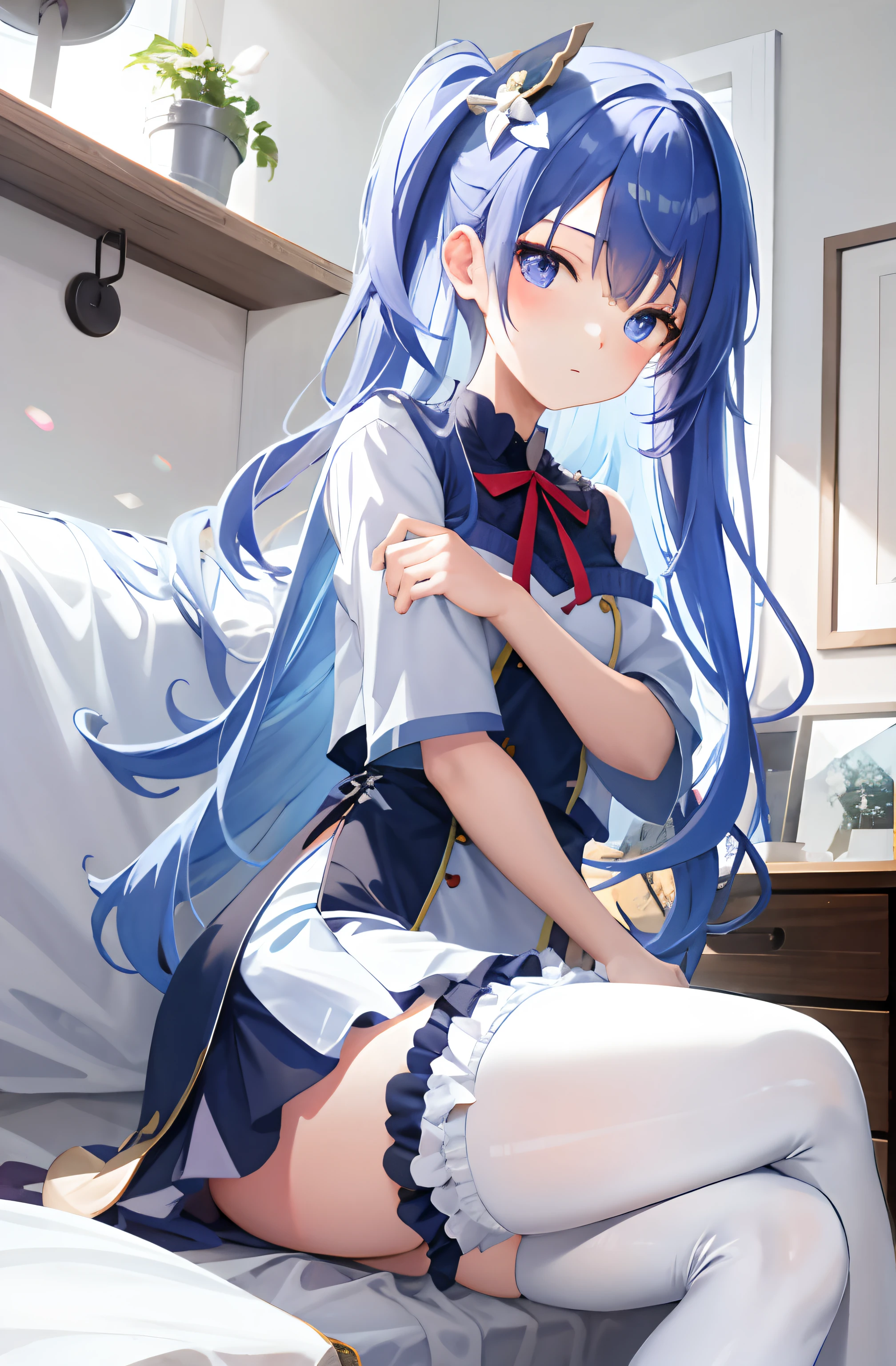 Anime girl sitting on bed，Legs crossed, cute anime waifu in a nice dress, loli in dress, seductive anime girls, white stockings，trending on artstation pixiv, small curvaceous loli, Anime art wallpaper 8 K, nightcore, Digital art on Pixiv, Best Rated on pixiv, Beautiful anime girl, (Anime girl), Anime moe art style,Clothes are flesh