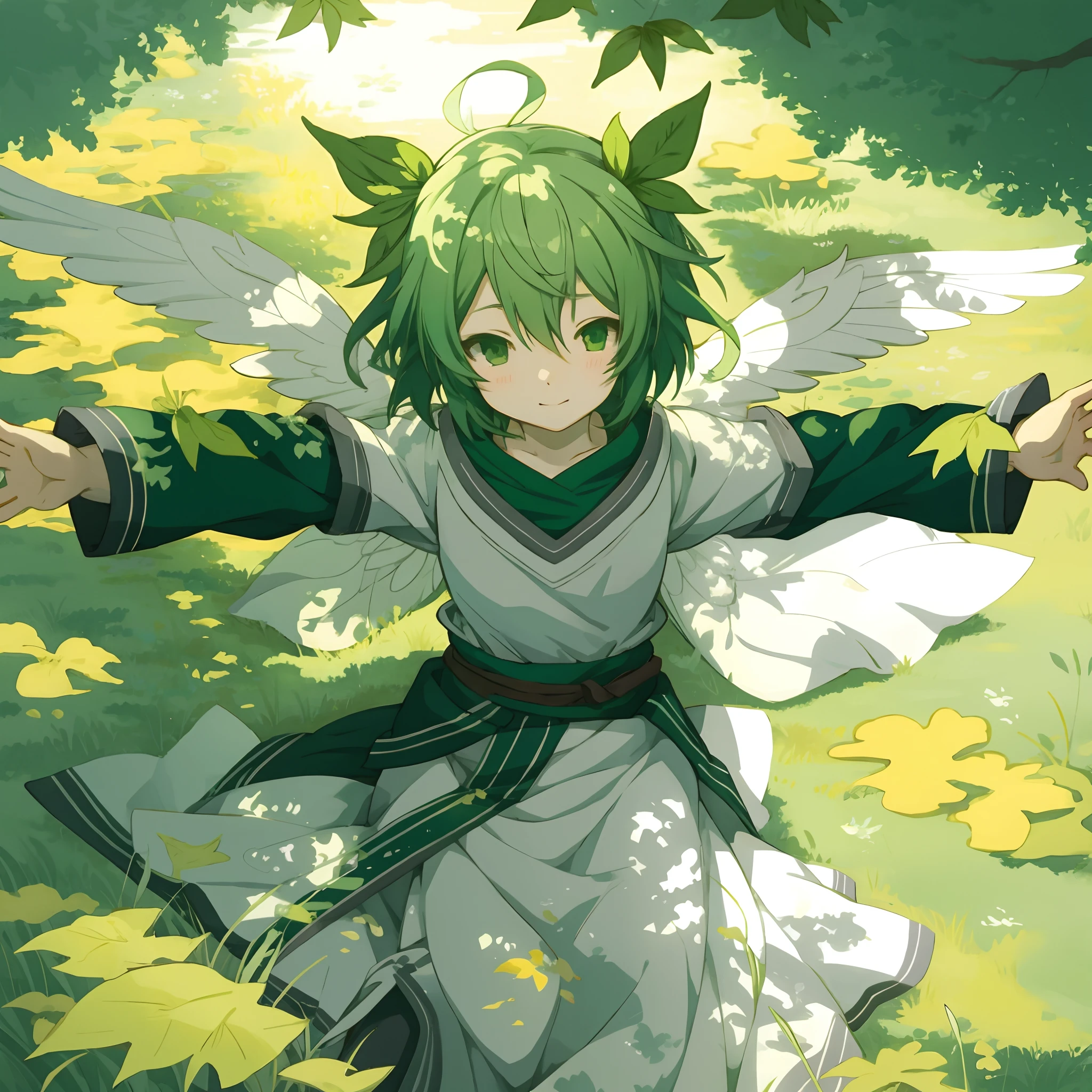 anime girl on back, spread arms, fantasy art, grayscale phtoto, Bright green leaves flutter, beautiful anime art style, high quality anime art, high quality anime artstyle, at pixiv, from above,