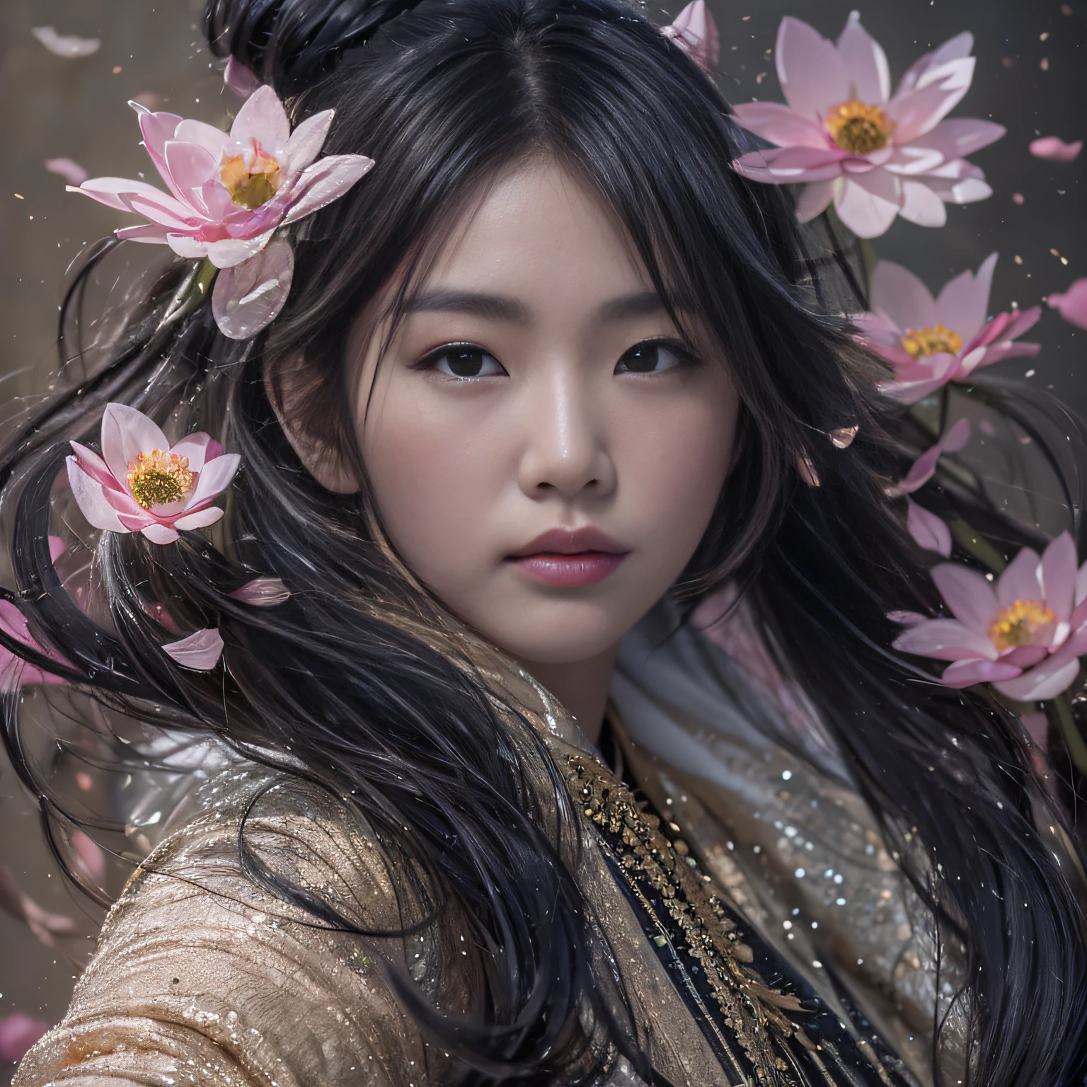 32K（tmasterpiece，k hd，hyper HD，32K）Long flowing black hair，ponds，zydink， a color，  Asian people （Silly girl）， （Silk scarf）， Combat posture， looking at the ground， long whitr hair， Floating hair， Carp pattern headdress， Chinese long-sleeved clothing， （abstract ink splash：1.2）， Pink petal background，Pink and white lotus flowers fly（realisticlying：1.4），Black color hair，Fallen leaves flutter，The background is pure， A high resolution， the detail， RAW photogr， Sharp Re， Nikon D850 Film Stock Photo by Jefferies Lee 4 Kodak Portra 400 Camera F1.6 shots, Rich colors, ultra-realistic vivid textures, Dramatic lighting, Unreal Engine Art Station Trend, cinestir 800，Long flowing black hair