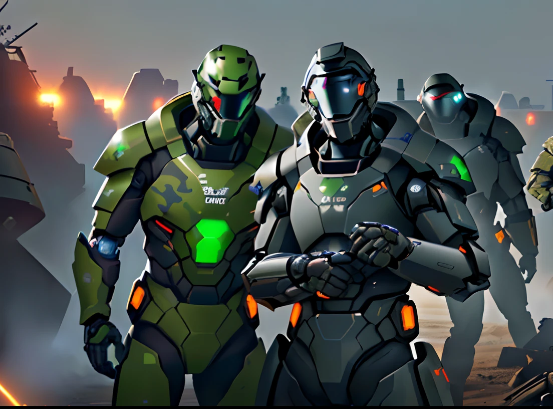 Two ((brothers: 1.4)) pose for a pre-battle picture while soldiers in the background move to and fro. Everyone is wearing the (matte dark grey and green camo) ((powered cybernetic battle armor: 1.3)) of the United Terran Space Force. The dull golden glow of the batteries contrast with the camo armor. Each soldier's armor is custom, made possible by ((cybernetics, nano-tech, AI, and advanced materials, it protects the wearer from many dangers, and provides assistance in many ways. No UTSF marine would be caught without his armor. Award winning, best gritty, realistic photo ever taken. war photography, (8K) highly detailed photograph