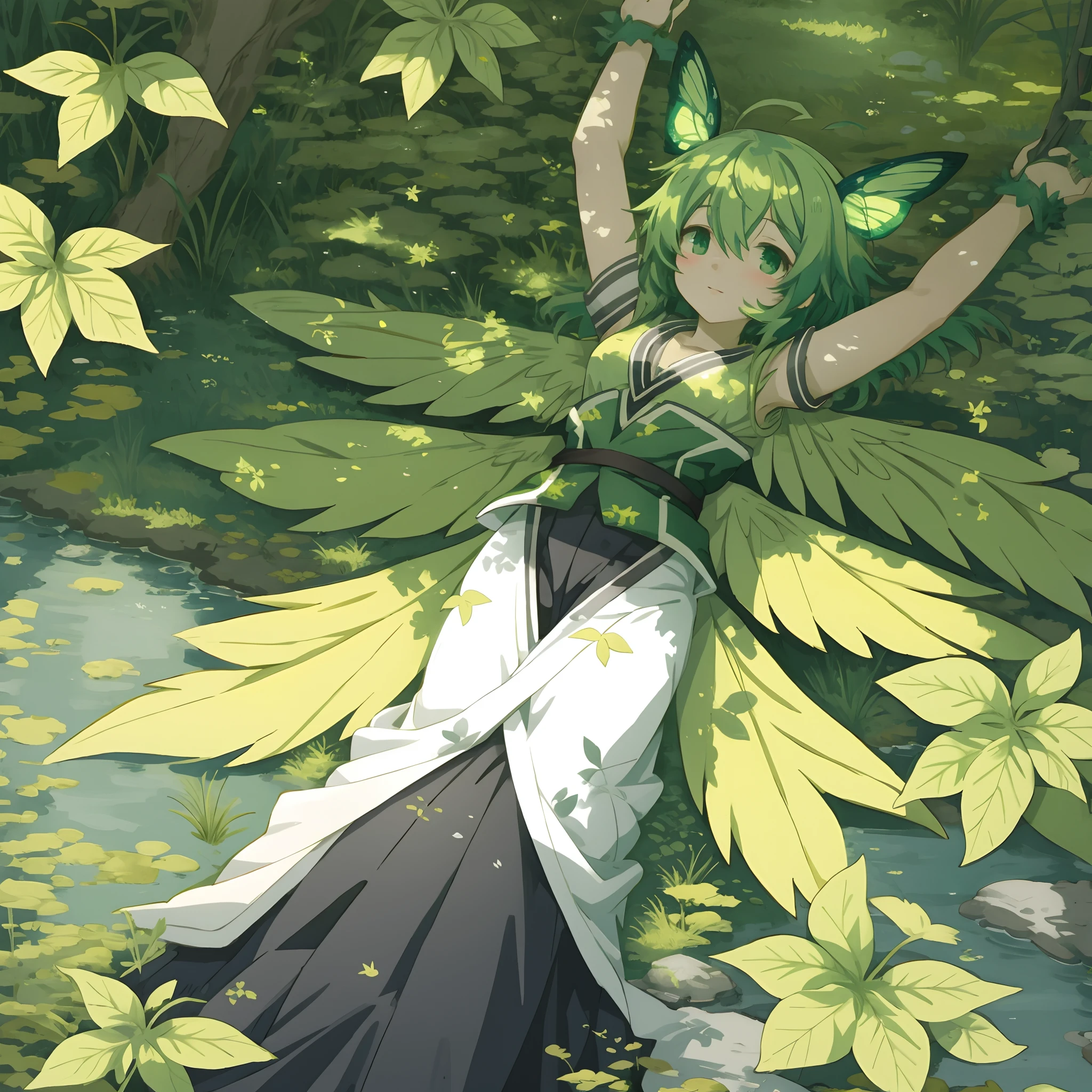 anime girl on back, spread arms, fantasy art, grayscale phtoto, Bright green leaves flutter, beautiful anime art style, high quality anime art, high quality anime artstyle, at pixiv, from above,