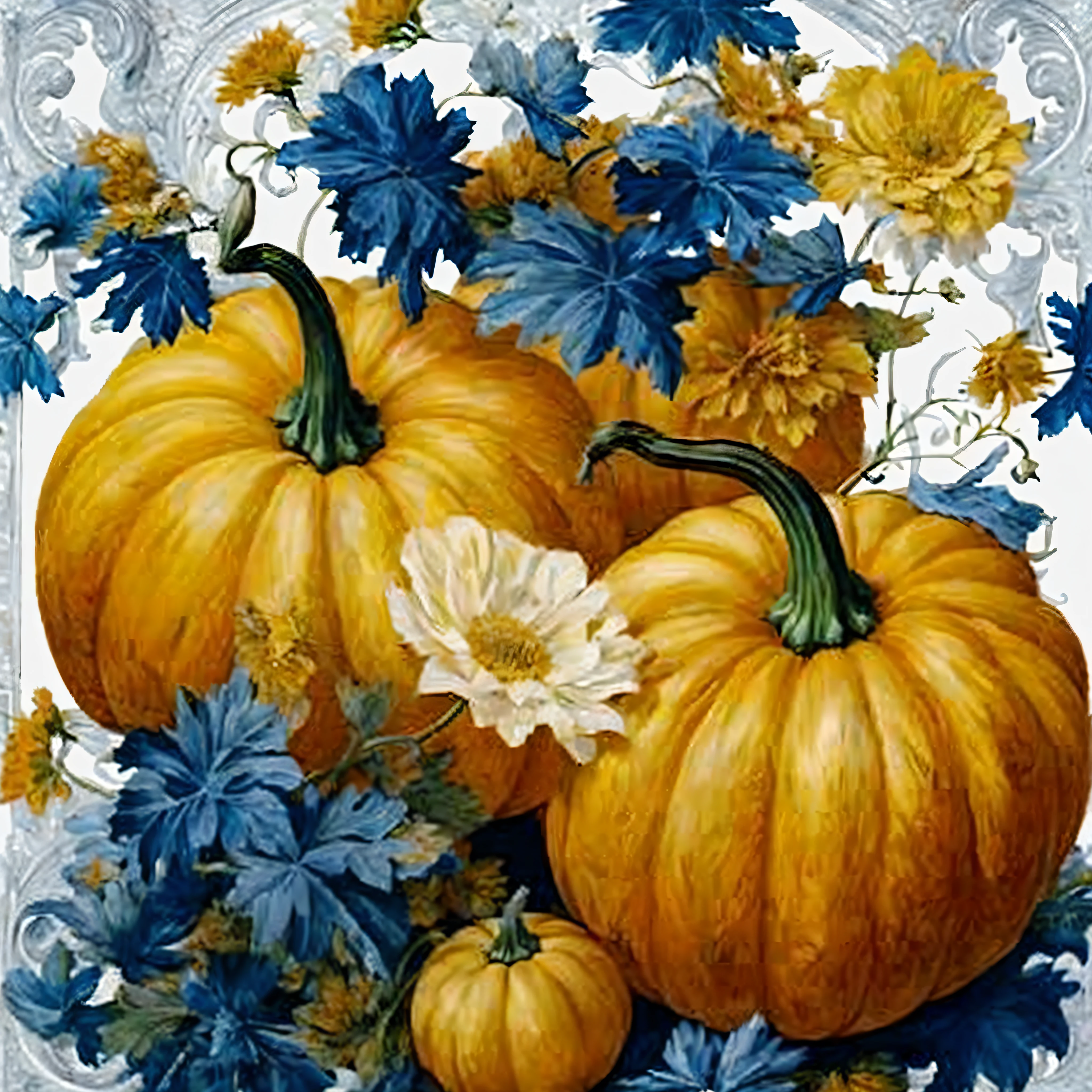 There were two pumpkins and flowers on the tablecloth, pumpkins, Harvest, harvest fall vibrance, renaissance autumnal, author:Jaime Jones, gourds, fall season, pumpkins, author:Leo Goetz, harvest fall vibrance, Gilberto Soren Zaragoza, pumpkin patch, Blue and yellow, 240p, blue colors、White and gold, fall