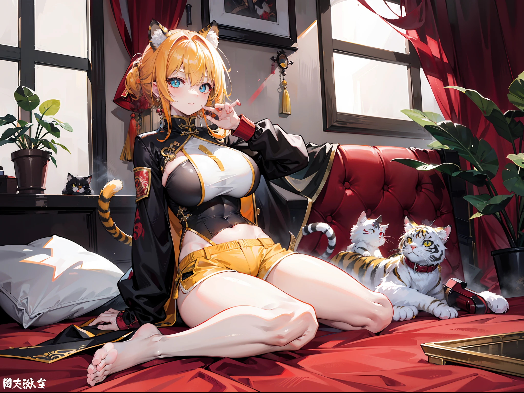 Beautiful girl with orange-yellow hair color,curlies,short detailed hair,High ponytail,cat ear,Beast Girl,He wears a blood-stained, ancient yellow-and-white long-sleeved training suit,A knife hidden in his clothes,open waist,Wear yellow and black shorts,White stockings stained with blood,without wearing shoes,assassins,Sunny smile,Tall and tall,at dusk at golden hour,Sitting in an ancient Chinese courtyard covered in blood,Bodies are all over the place,dark stormy clouds,China-style,huge tit,抖S,Full body photo,Extremely thin,extremely hyper,assassins,The legs are very thin,Best quality at best,High- sharpness,tmasterpiece,Holding a blood-stained short knife,His body was covered in blood,Sick,Heterochromic pupils,morbid,murderer,extremely hyper,Heterochromic pupils,being thin,Be covered in blood,Bodies are strewn across the field,blood vess,Cat demon,Long cat tail,Open your mouth to reveal two tiger teeth,Leprechaun,cat woman,Sit on the bed and kneel on your legs,seductiv,Raised sexy,The complexion is flushed