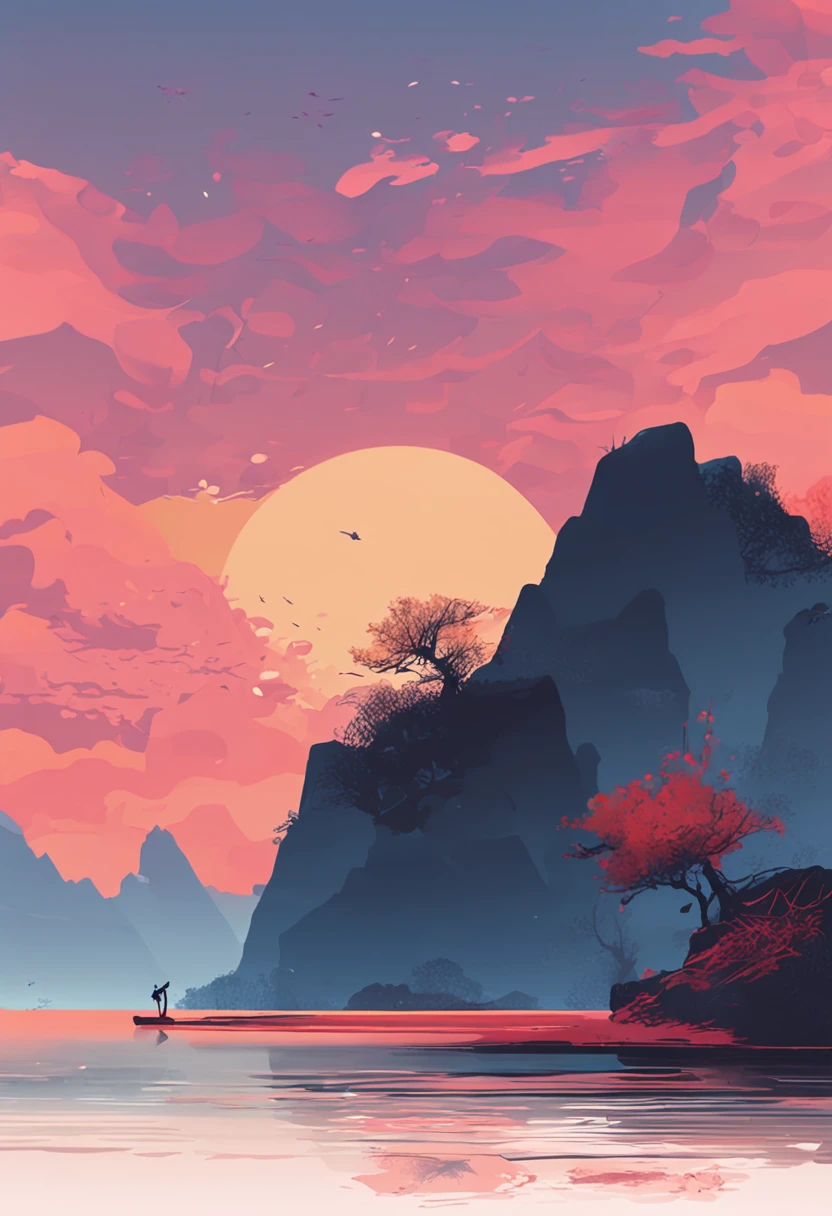 Draw a landscape painting,Up close, it's a landscape painting,From a distance, it looks like Wang Wenjing's three words