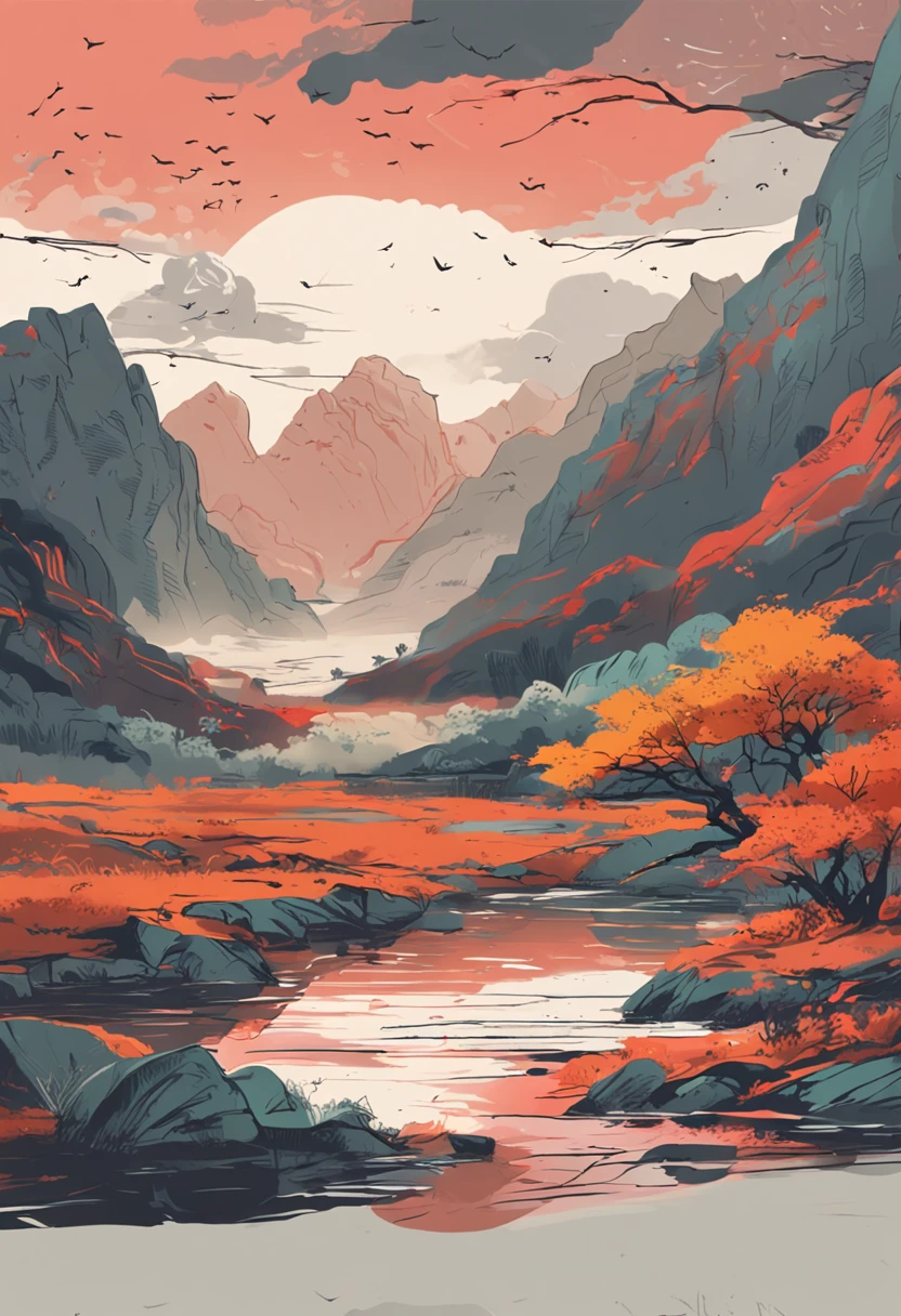 Draw a landscape painting,Up close, it's a landscape painting,From a distance, it looks like Wang Wenjing's three words