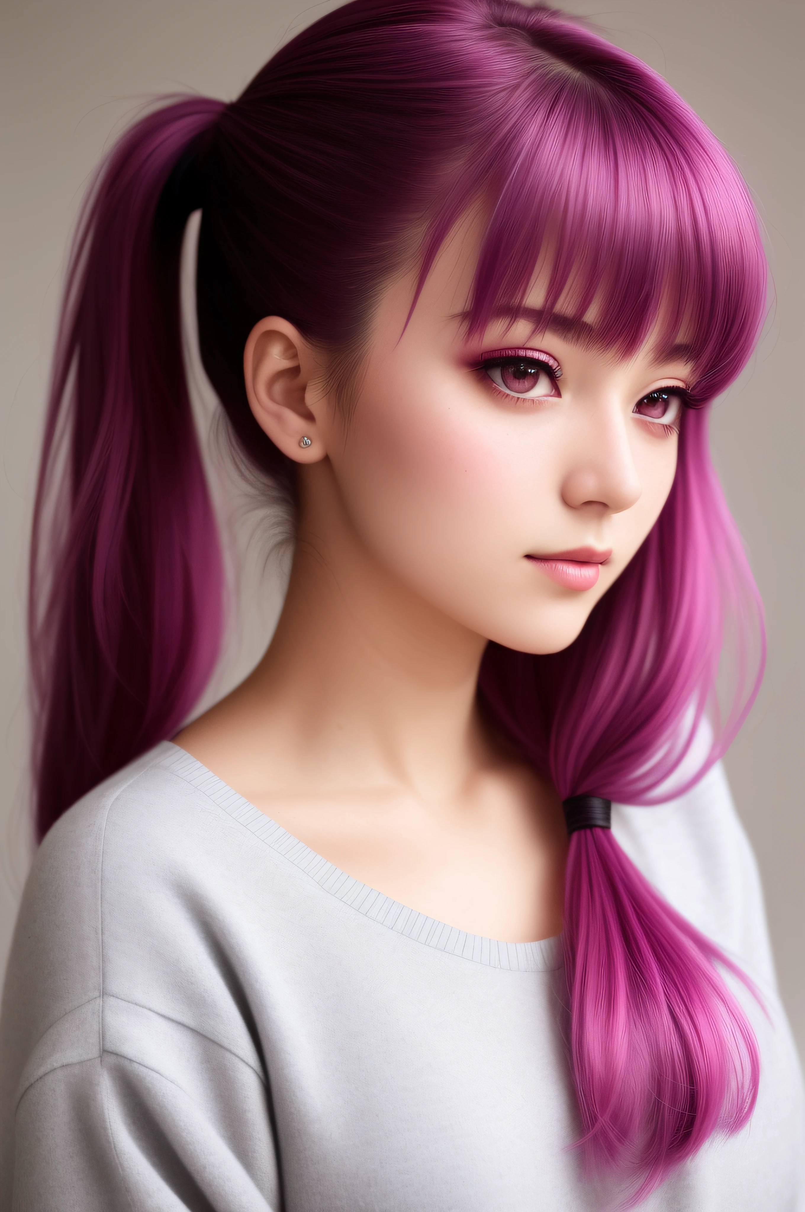 color photograph, close-up, ((a realistic photo of a beautiful girl)), magenta hair, twintails, magenta eyes, sad, magenta sweater, (KirShip-14200:0.99), light, ((glowy skin)), looking_at_viewer, (fit body:1.0), ((medium breasts)), detailed illustration, masterpiece, high quality, realistic, very detailed face,